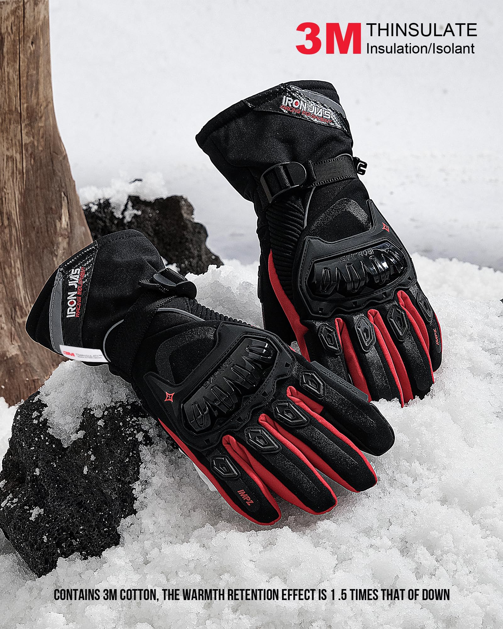 IRON JIA'S Winter Motorcycle Gloves - Waterproof, Windproof, Touch Screen, Large, Red, Model AXE-001