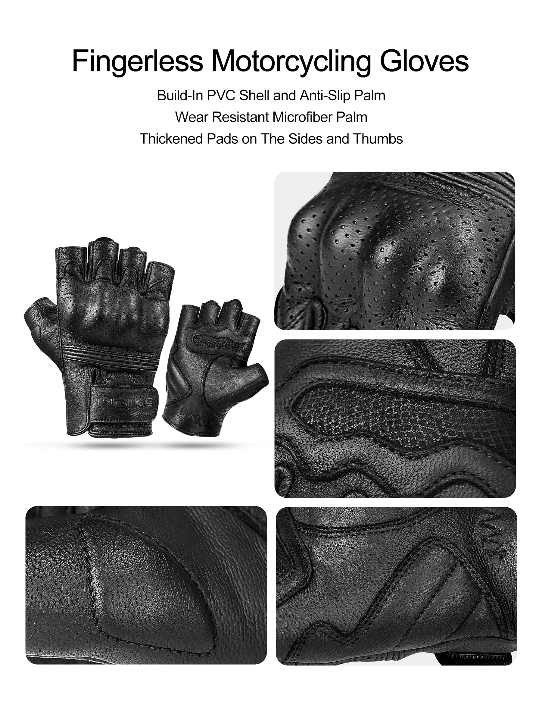 Inbike Fingerless Motorcycle Gloves Summer Breathable Goatskin Leather Wear Resistant Hard Knuckle Black X-Large