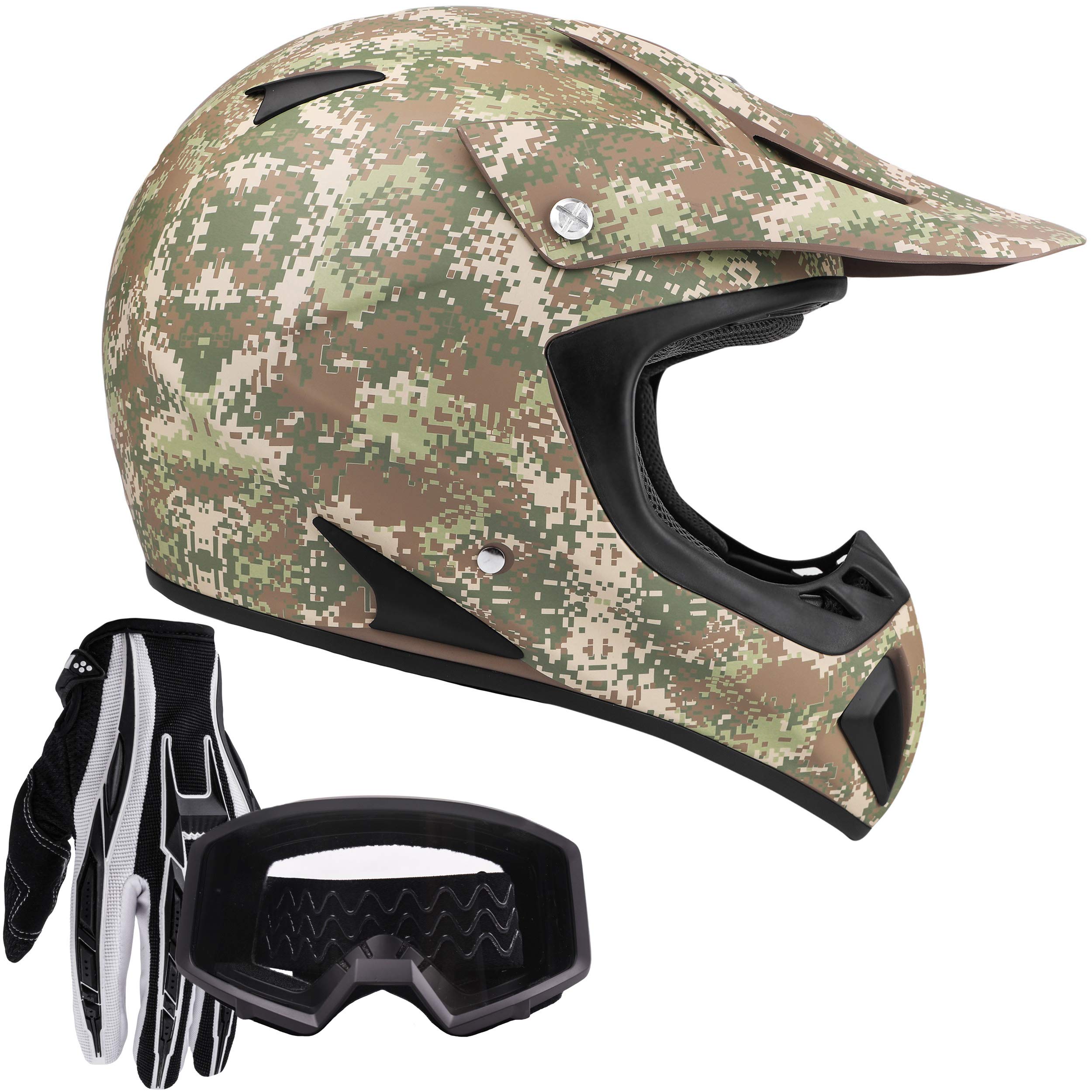 Typhoon Adult Teen Atv Mx Helmet Goggles Gloves Gear Combo Camo W/ Black Goggles & Gloves ( Small )