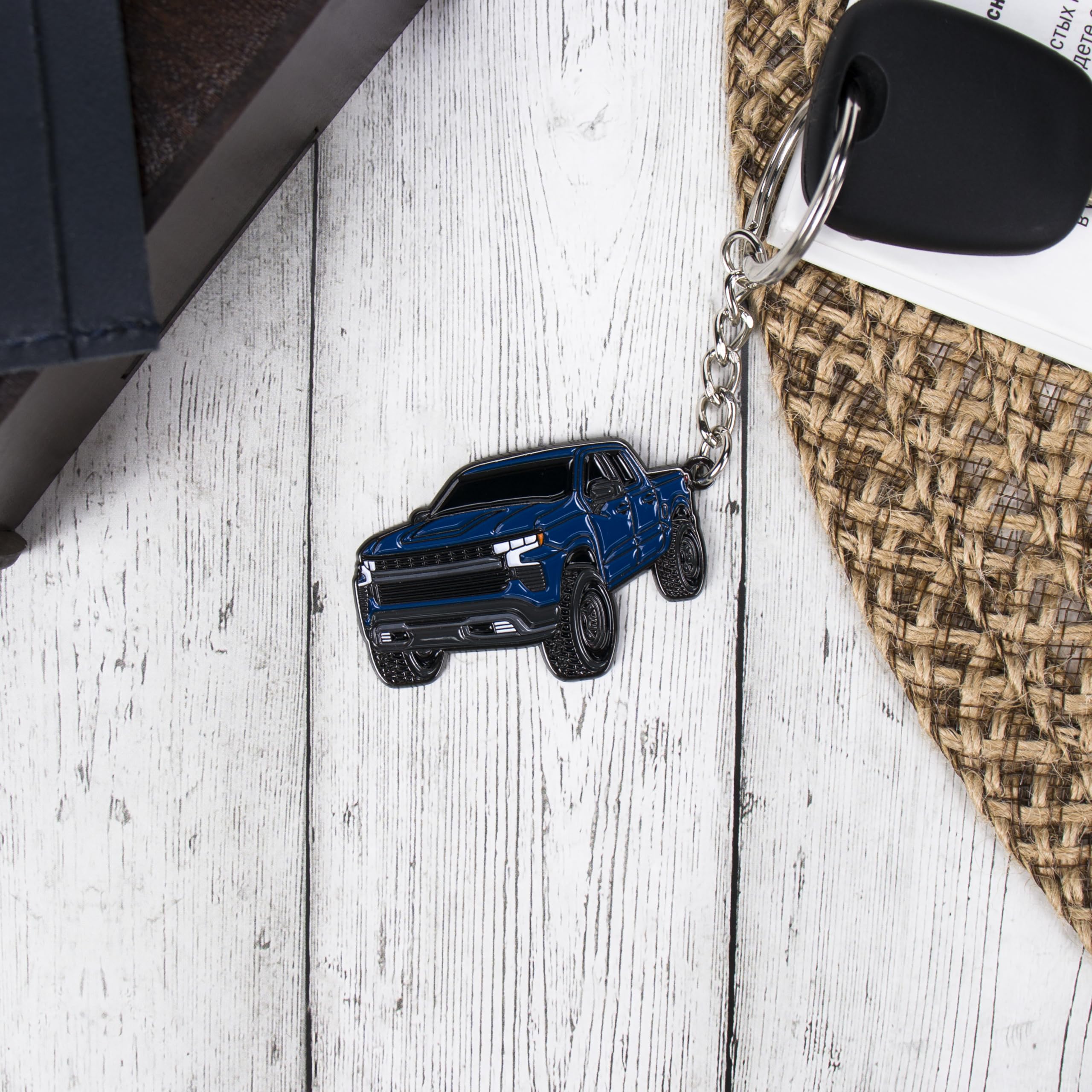 FOUR WHEEL BEAST Chevy Keychain - Metal Toy Truck Accessories for Silverado 1500 - Northsky Blue - 2" x 1.5"