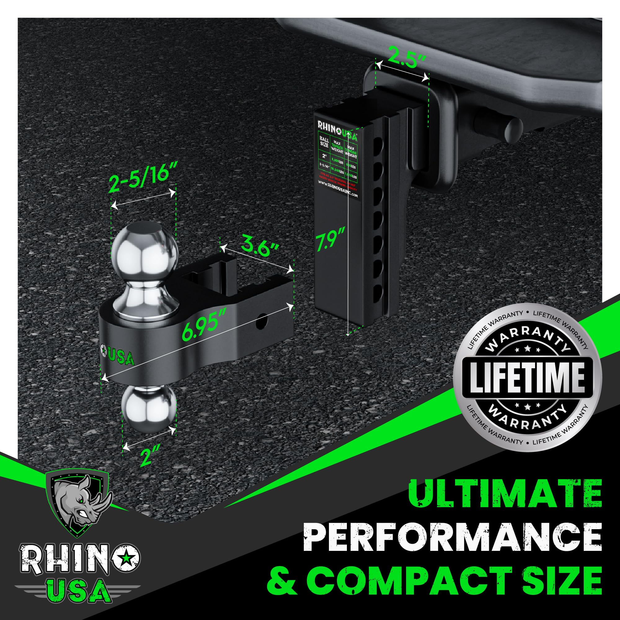 Rhino Usa Adjustable Trailer Hitch (2-Inch Receiver) - Heavy Duty Aluminum Tow Hitches With 8-Inch Drop/Rise For Truck (12,500 L