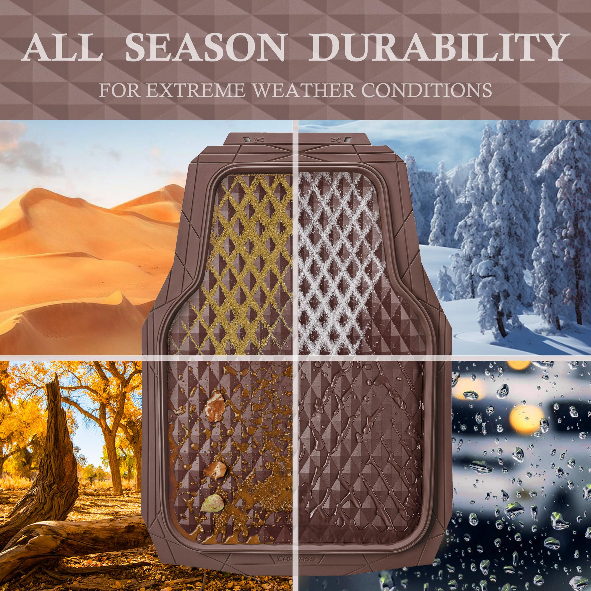 CAR PASS Heavy Duty Rubber Car Mats, 3-Piece Set, All-Weather, Anti-Slip, Brown, Universal Fit for Sedan, SUV, Truck, Model JD777