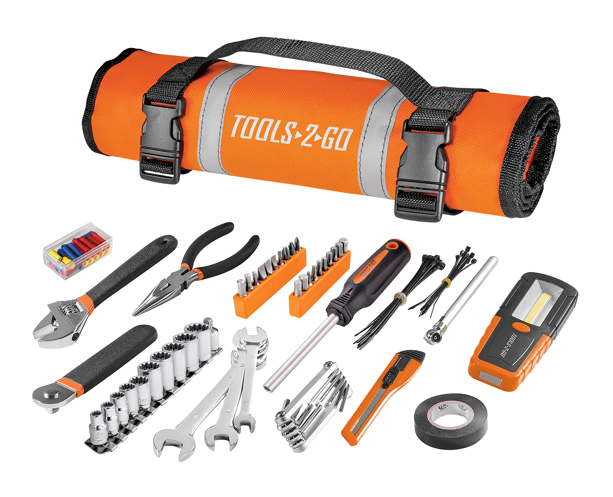 Tools-2-Go Tool 83 Piece Set with Roll-Up Pouch, Wrenches, Pliers, Work Light, Sockets, and Bits for Motorcycle, Car, Truck, ATV