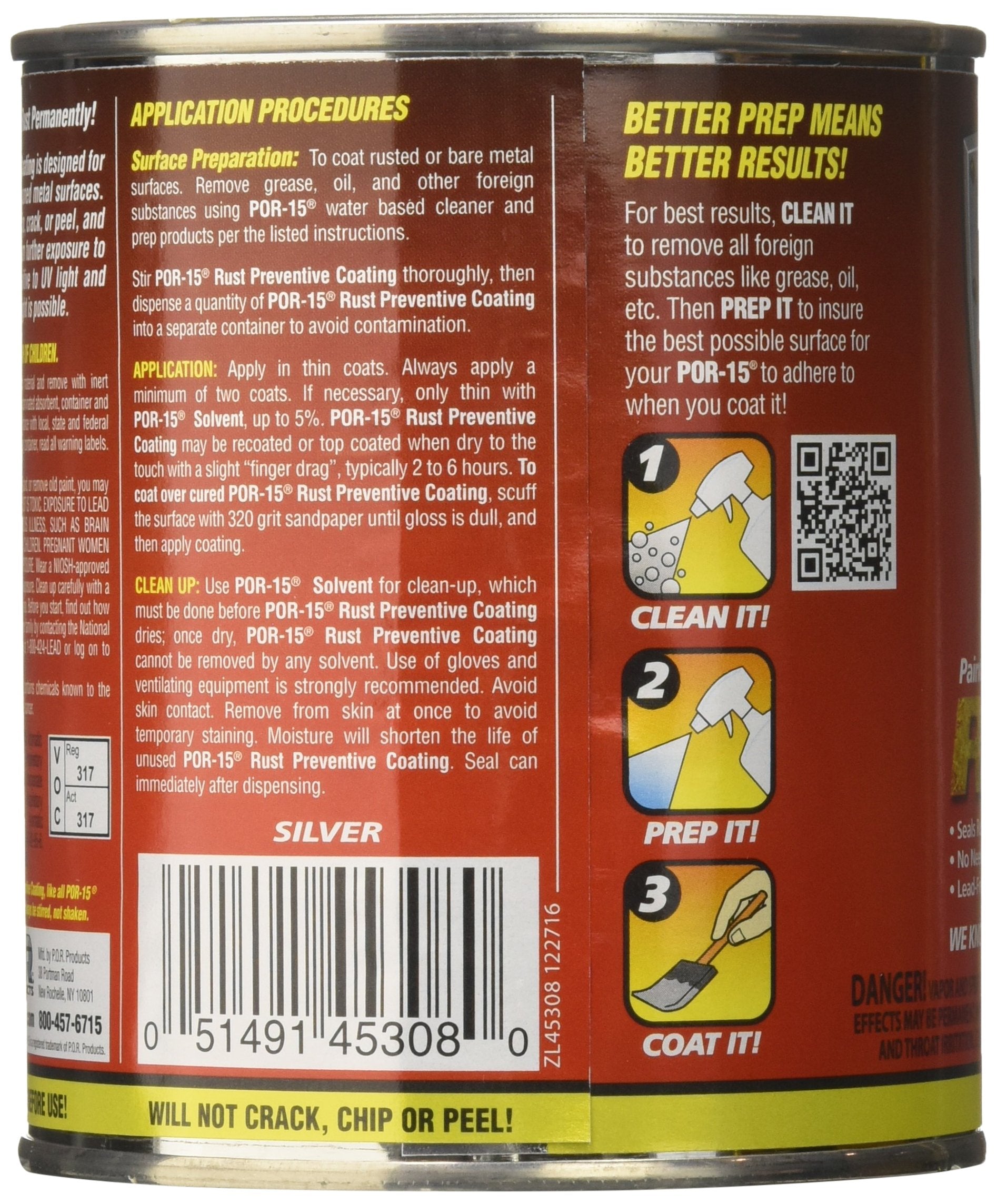 POR-15 Rust Preventive Coating, 16 Fl Oz, Silver - Anti-Rust, Non-Porous Barrier, Model 45308