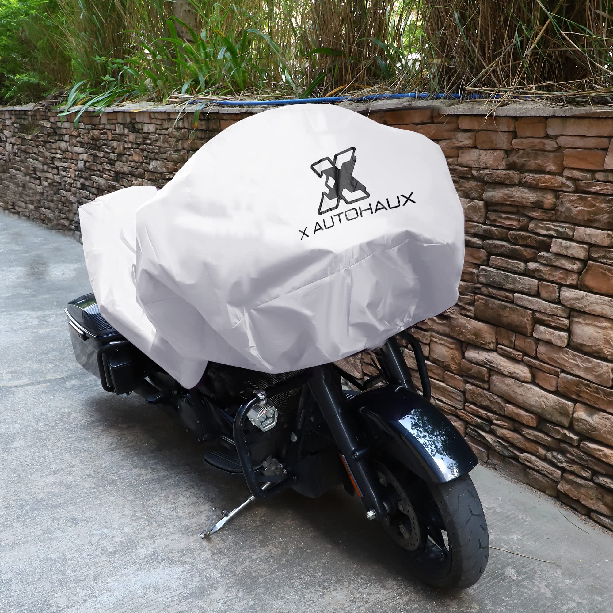 X Autohaux Motorcycle Cover Lightweight Half Cover Outdoor Waterproof Rain Dust Protector Silver Tone L Size For Most Full Dress