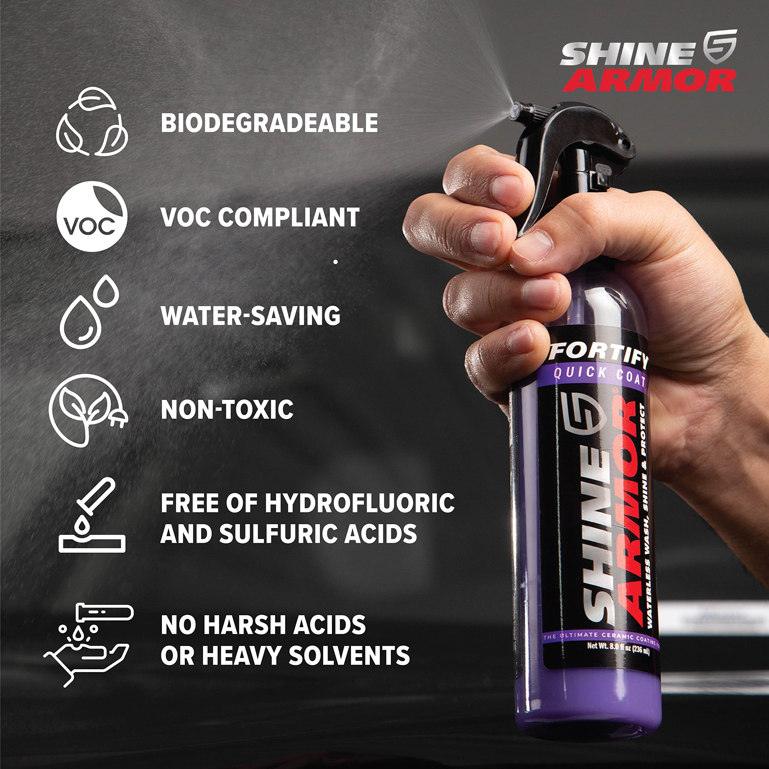 SHINE ARMOR Ceramic Coating Quick Coat Spray, 8 Fl Oz, Violet - Waterless Wash & Wax, Hydrophobic Paint Sealant