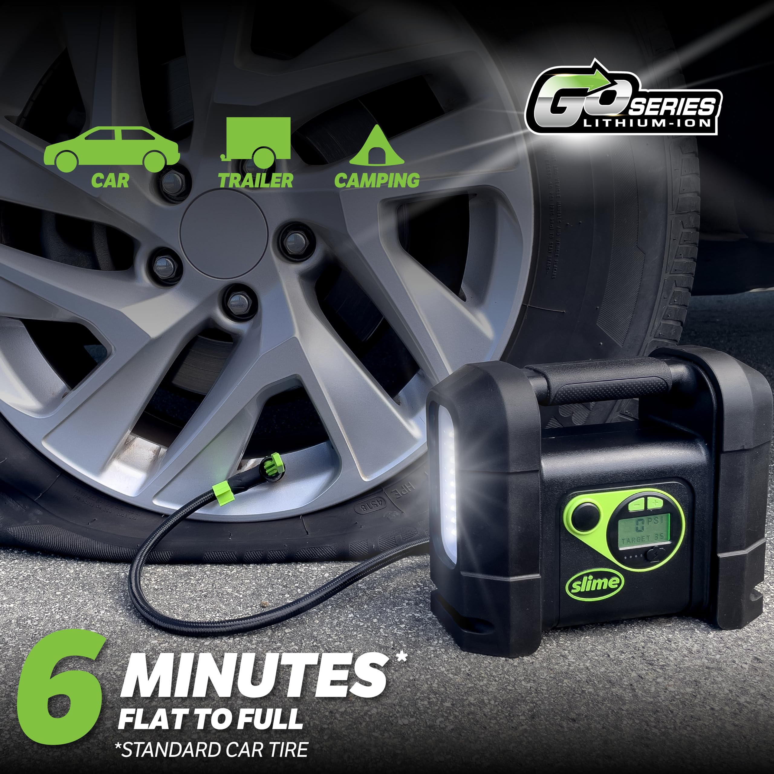 Slime Cordless Tire Inflator 40080 - Portable Air Compressor with Auto Shut Off, LED Light, Rechargeable Lithium Ion Battery