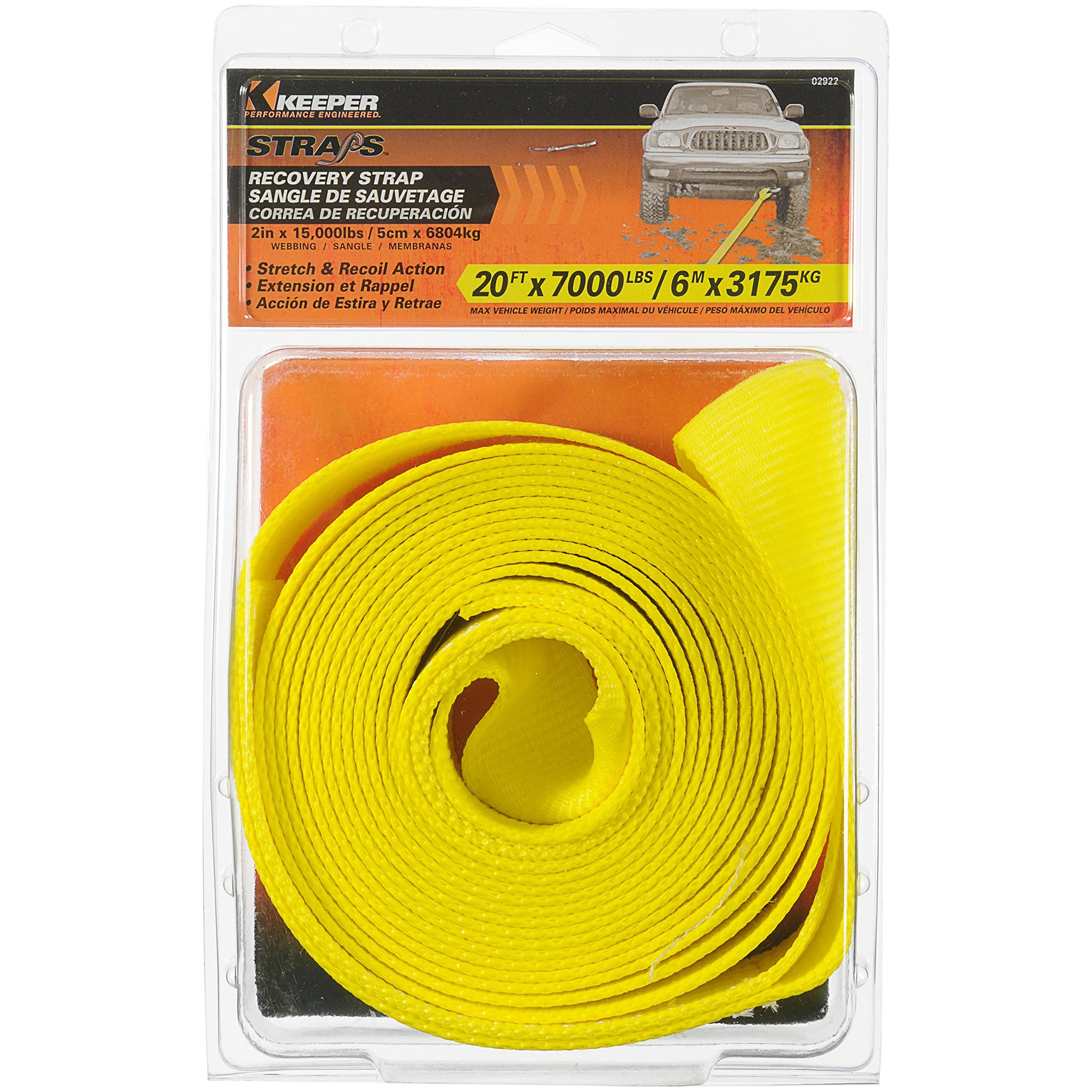 Keeper Tow Strap - 2 X 20' Emergency Recovery And Towing Rope, 15,000 Lbs Break Strength - Perfect For Cars And Light Trucks