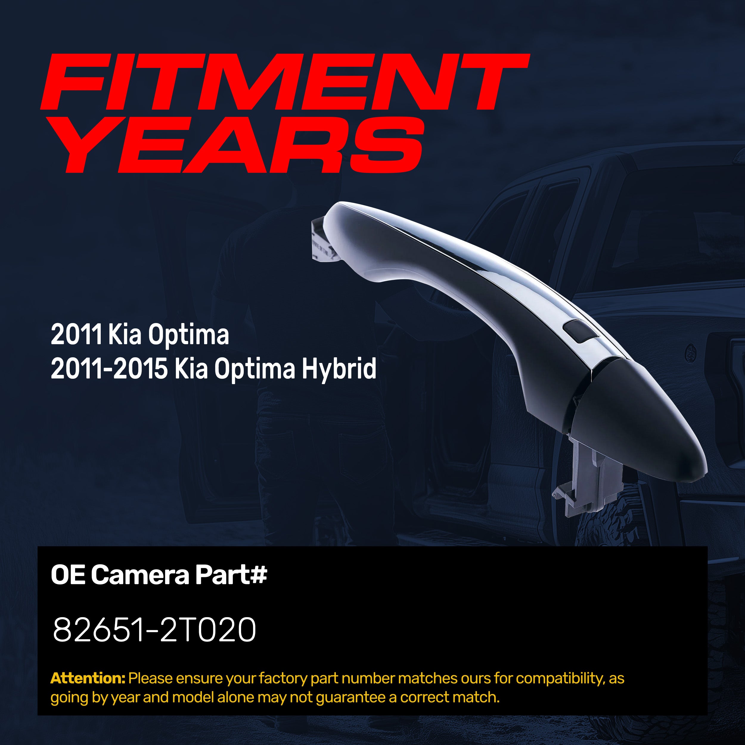 Exterior Door Handle Black/Chrome Replacement for Kia Optima (2011), Optima Hybrid (2011-2015) OE Part # 82651-2T020 | Front Right Passenger Side