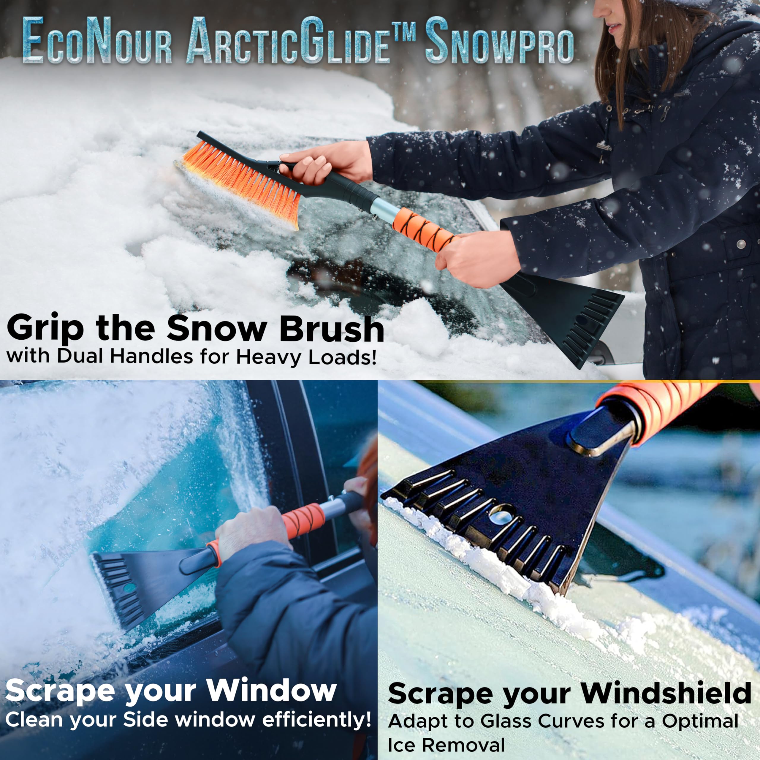 Econour 27'' Car Snow Brush And Ice Scrapers For Car Windshield (Orange - 2 Pack) | Scratch Free Bristle Head Snow Brush & Tough