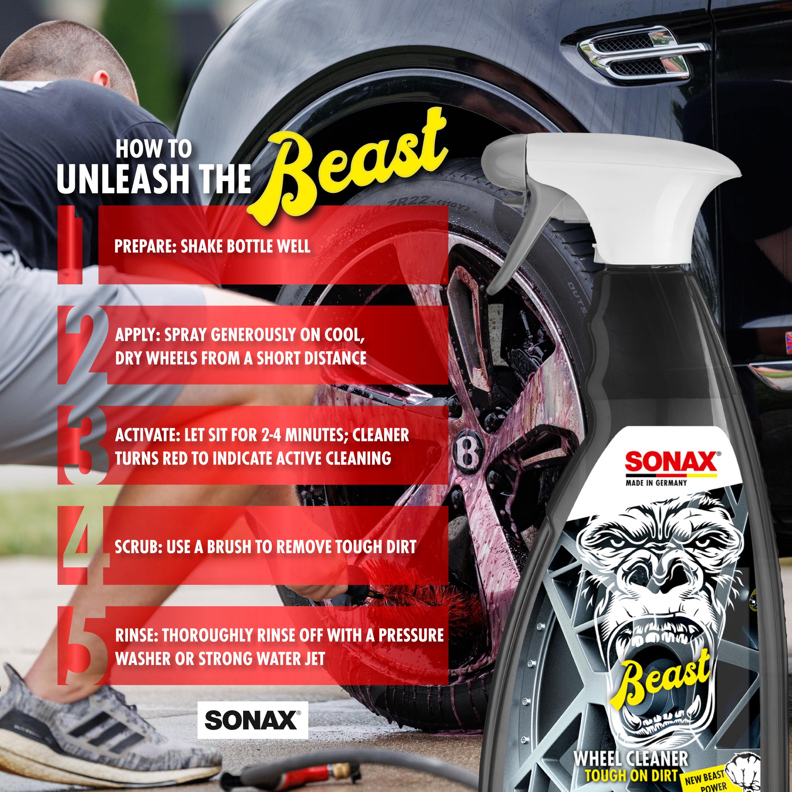 SONAX Beast Wheel Cleaner - Strong Brake Dust Remover, Color Changing, 1L (33.8 fl oz), Model 433300