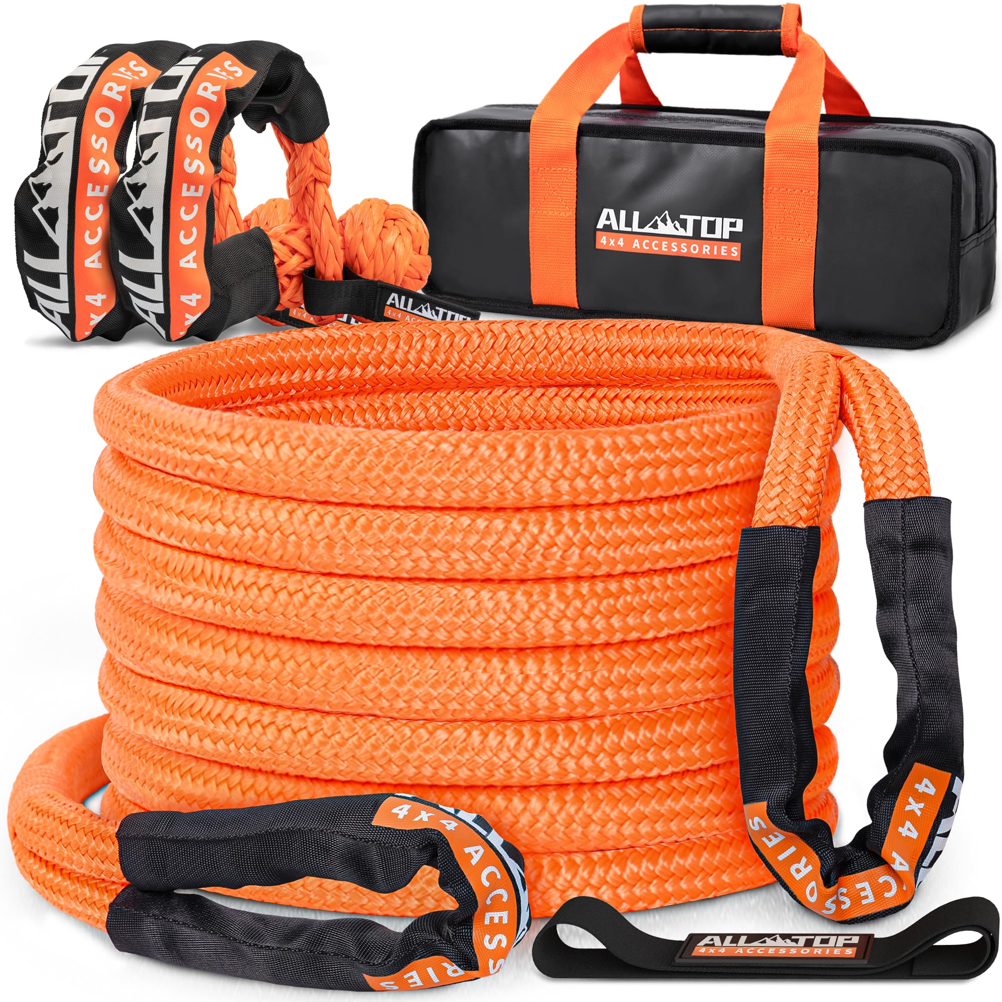 ALL-TOP Kinetic Recovery Rope Kit, 1in x 20ft, 48000Lbs, Nylon, Orange, 2 Soft Shackles, Model ATKRR25