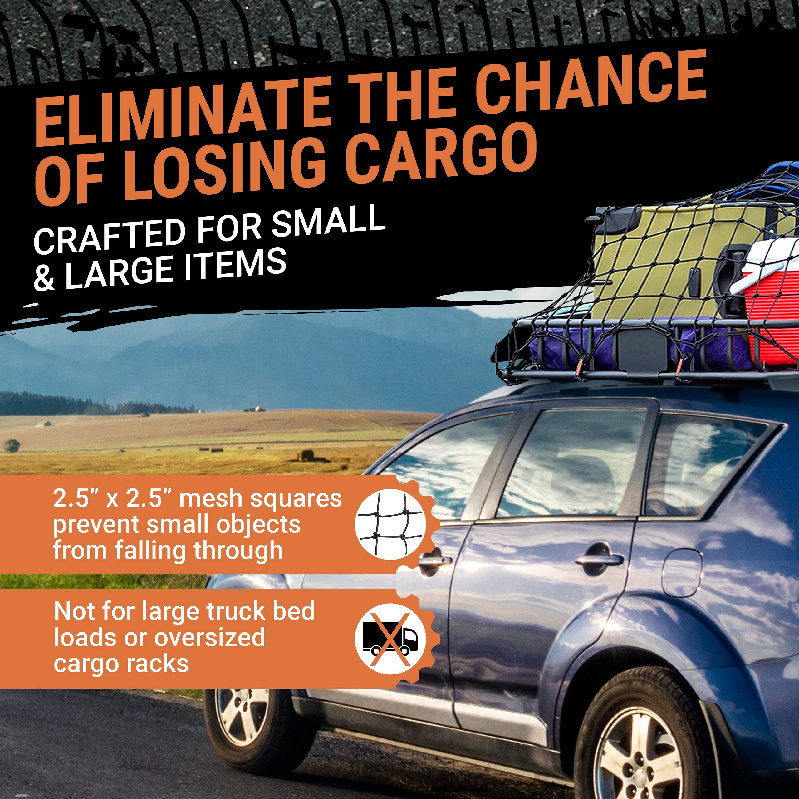 Grit Performance Cargo Net - Heavy-Duty Bungee Netting 22x38 Inch with 12 Clips, Black & Orange, Model 01