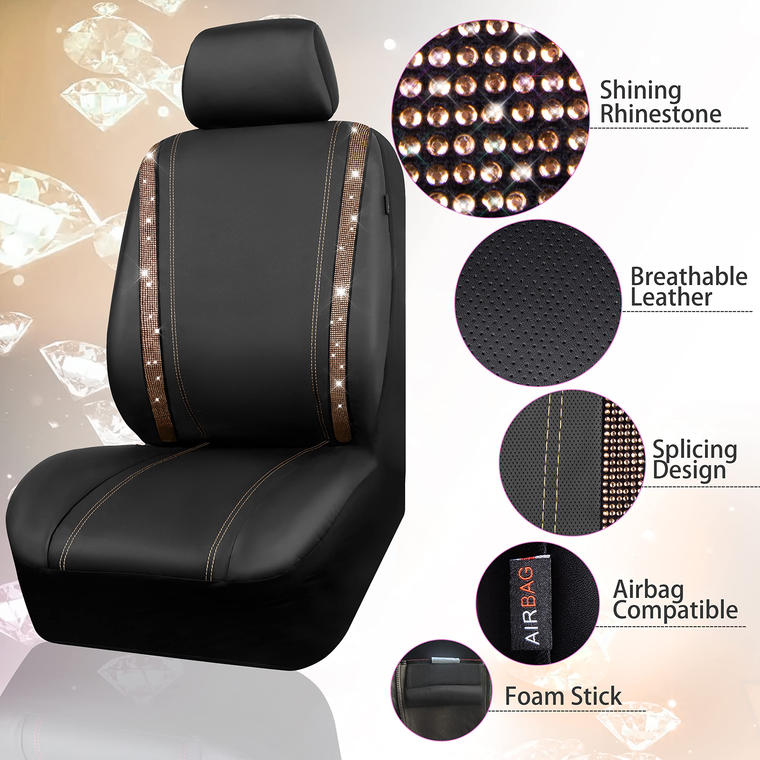 Car Pass Bling Car Seat Covers Full Sets, Shining Rhinestone Diamond Waterproof Faux Leather, With Zipper, Universal Fit Automot
