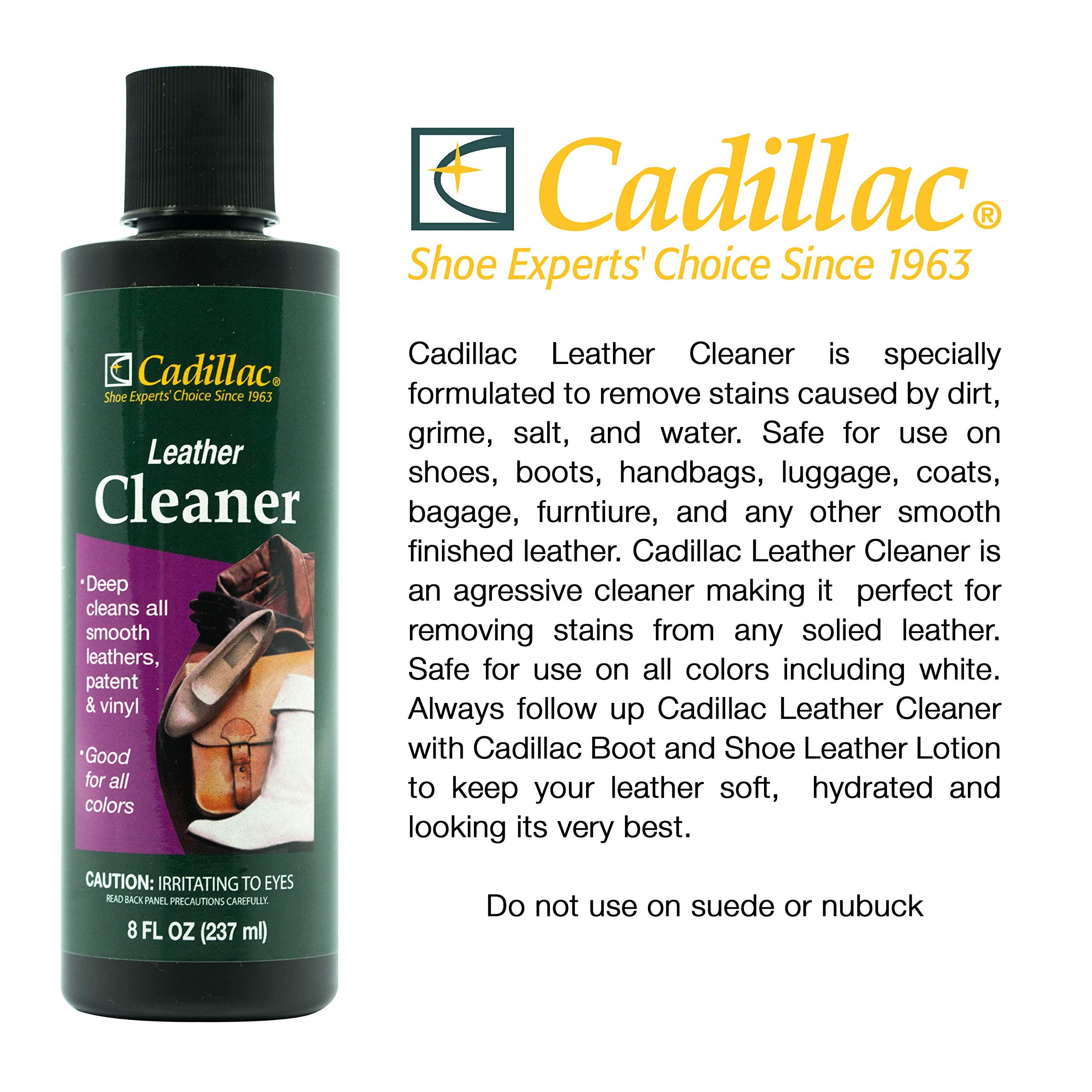 Cadillac Leather Cleaner - 8 OZ for Shoes, Handbags, Upholstery - Removes Dirt & Grime - White - Model CALC