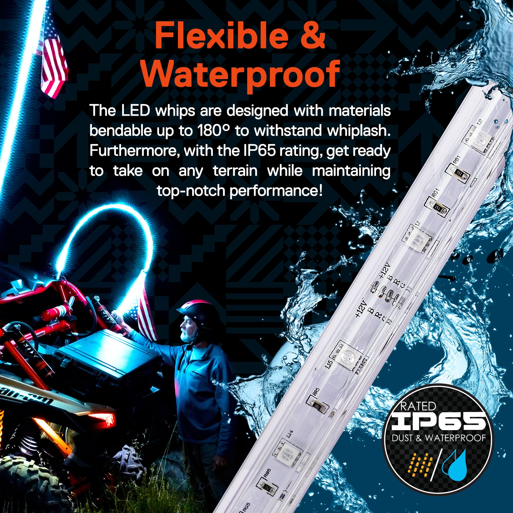 True Mods 6Ft Rgb Led Whip Light For Utv Atv [Rf Wireless Remote] Usa Flag Waterproof Led Lighted Whip Cb Antenna Pole Stick For