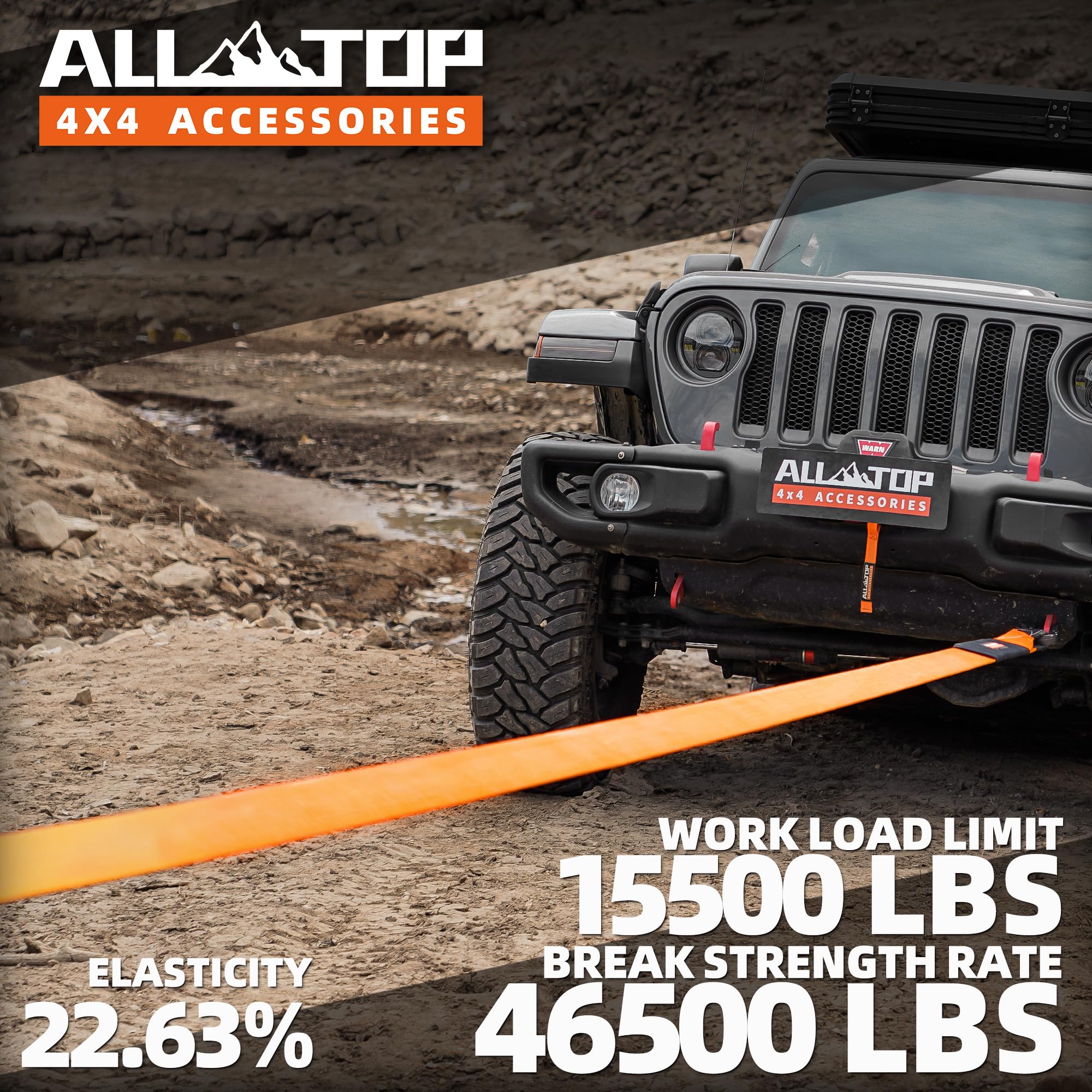 All-Top Recovery Snatch Strap, 4In X 30Ft - 46500Lbs, Extreme Duty 100% Nylon Kinetic Towing Recovery Strap With 22% Elongation
