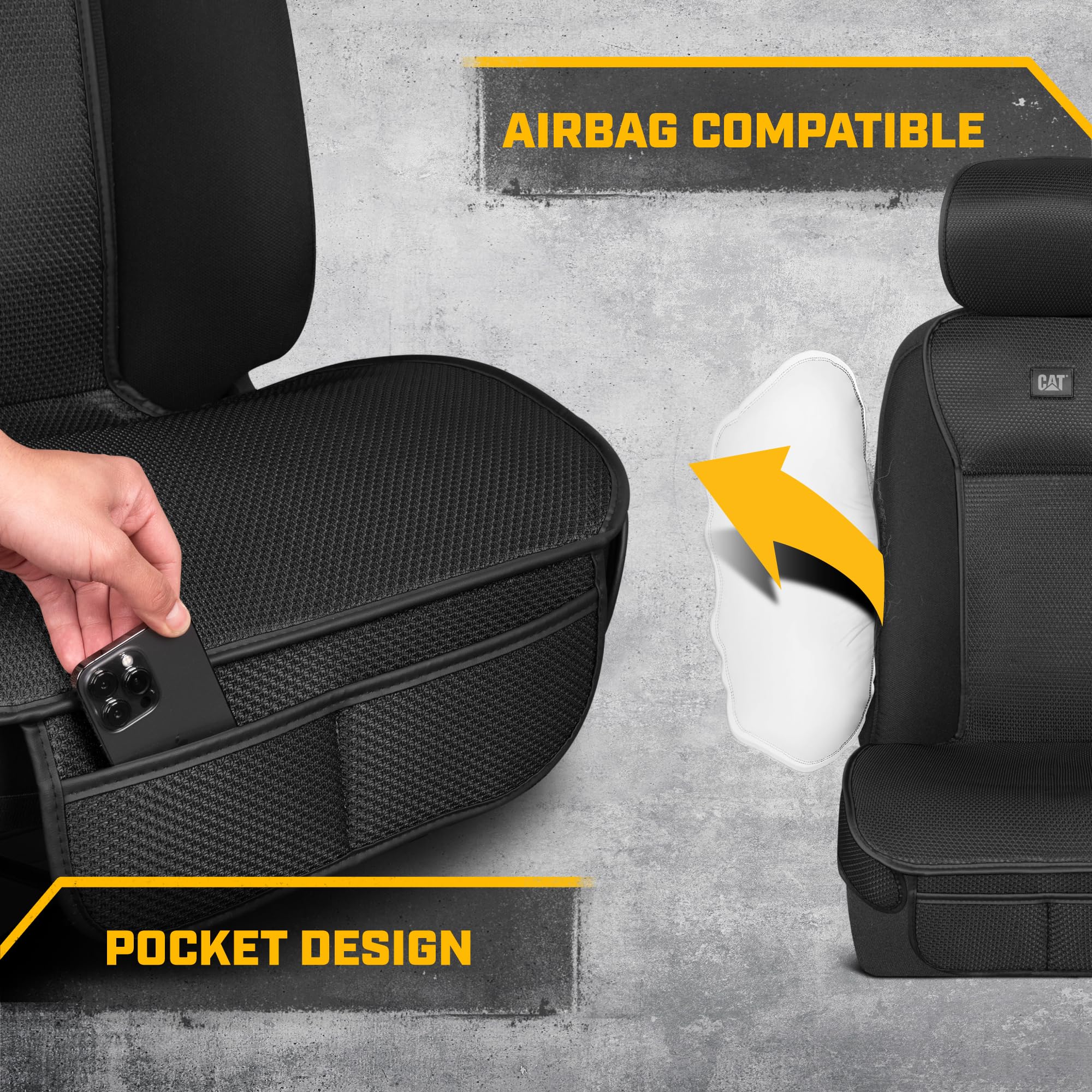 Caterpillar AeroMesh Black Seat Covers for Trucks, Car, & SUV - (2) Front Truck Seat Cover Protector - Breathable Mesh Universal