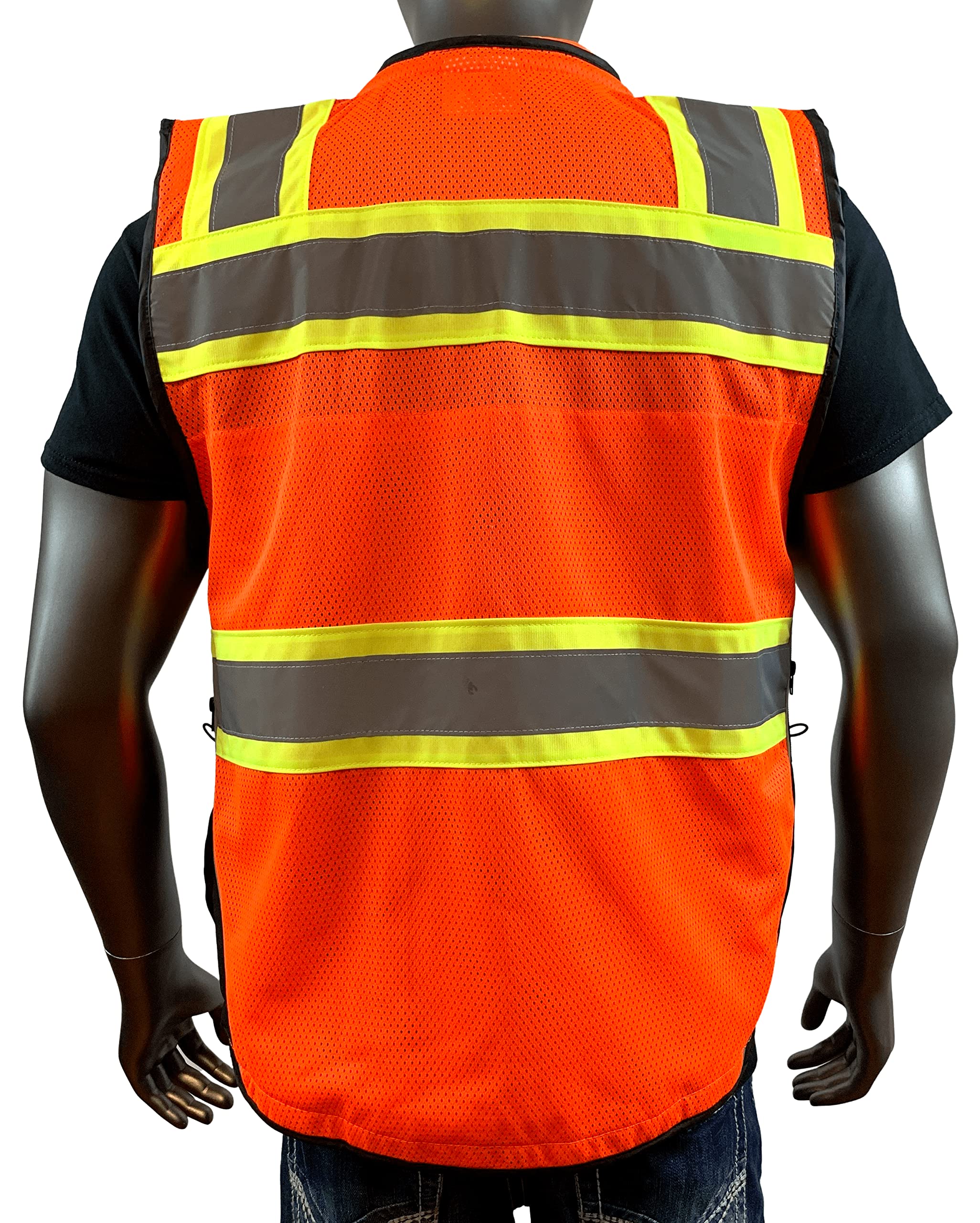 REXZUS Class 2 Safety Vest for Men, Medium, Orange/Black, Zipper & Utility Pockets, Premium Black Series