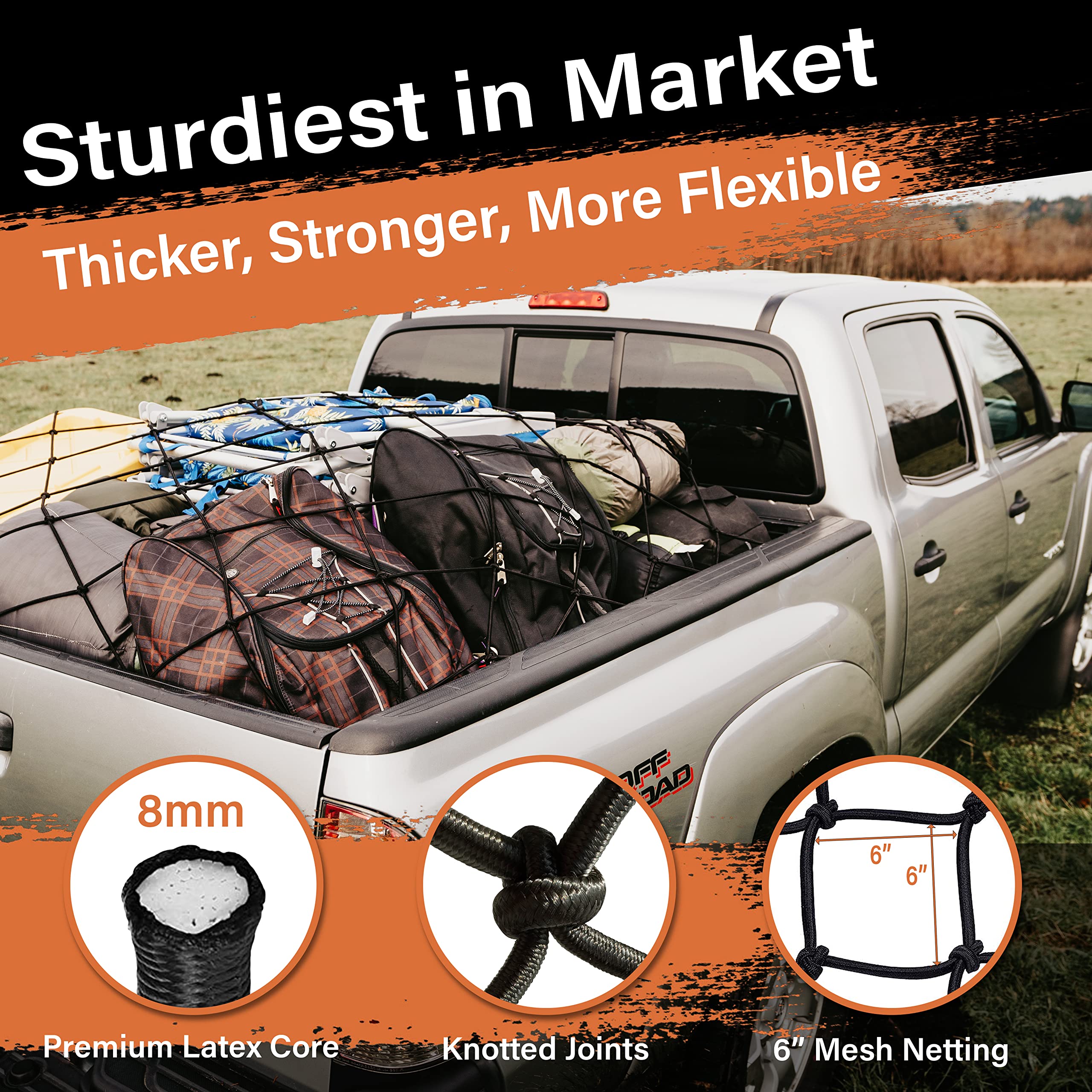 TacoNets Toyota Tacoma Short Bed Cargo Net - Patent Pending Design - Fits 2005-2024 - Heavy Duty 8mm Premium Bungee 3'x4' Cargo