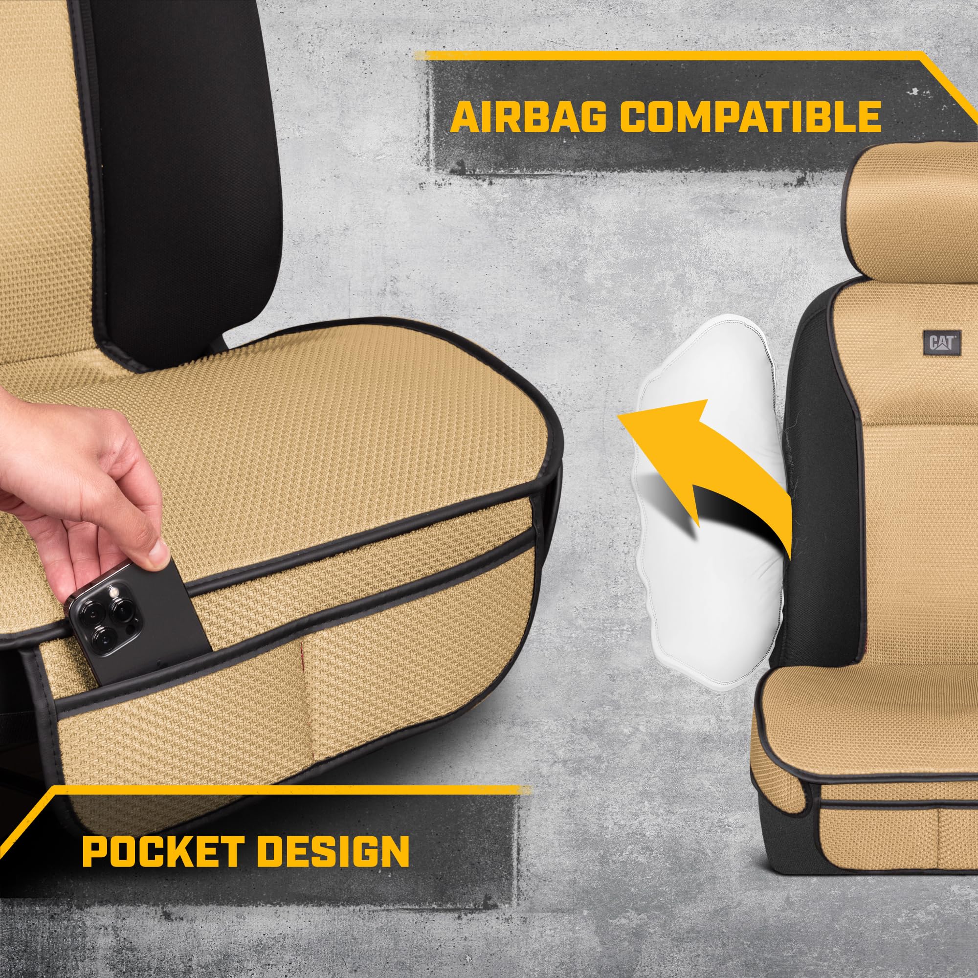 Caterpillar AeroMesh Beige Seat Covers for Trucks, Car, & SUV - (2) Front Truck Seat Cover Protector - Breathable Mesh Universal