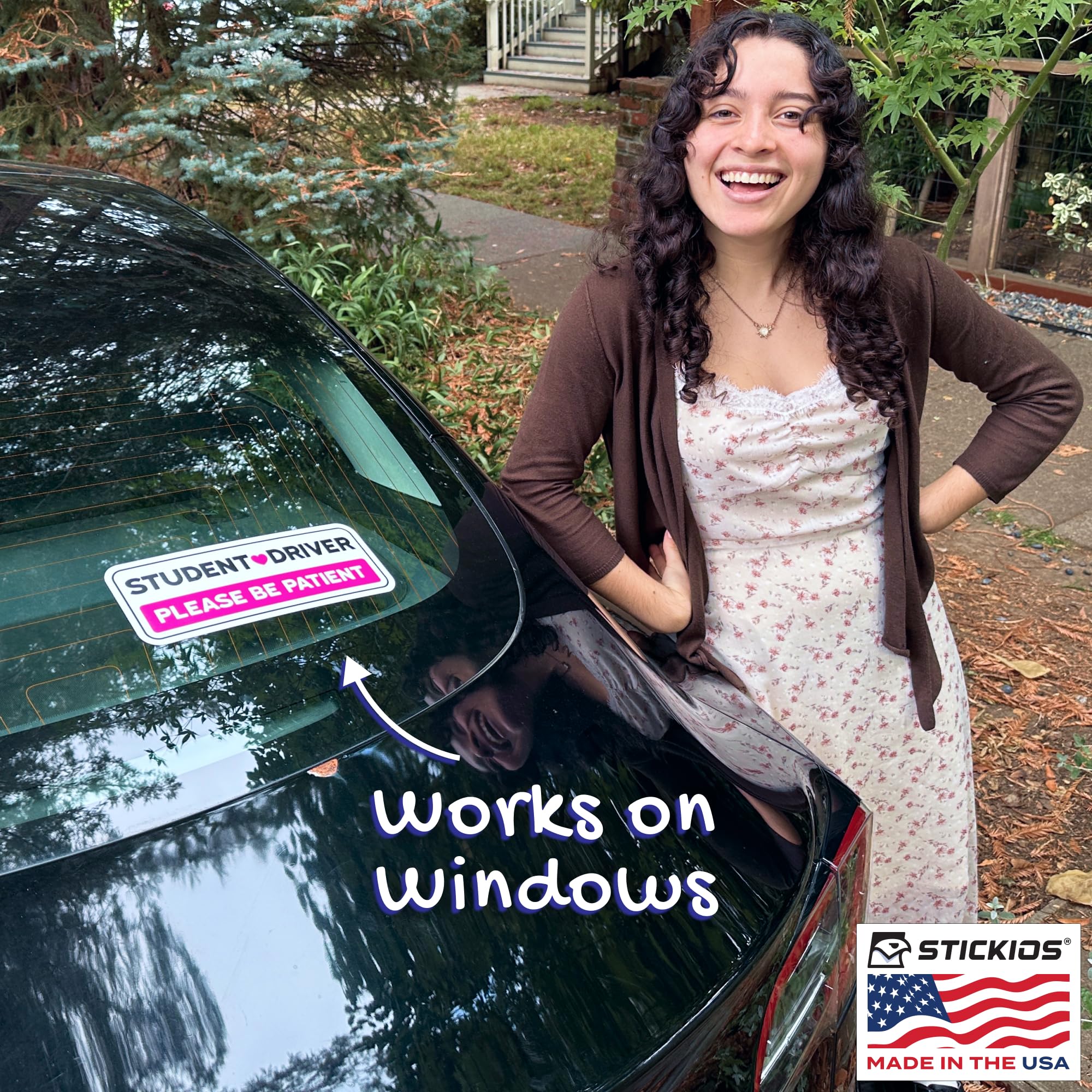 Stickios Pink Student Driver Stickers - Removable Vinyl Decals for Cars & Windows, 10.4x4 inches, 2-Pack, Made in USA