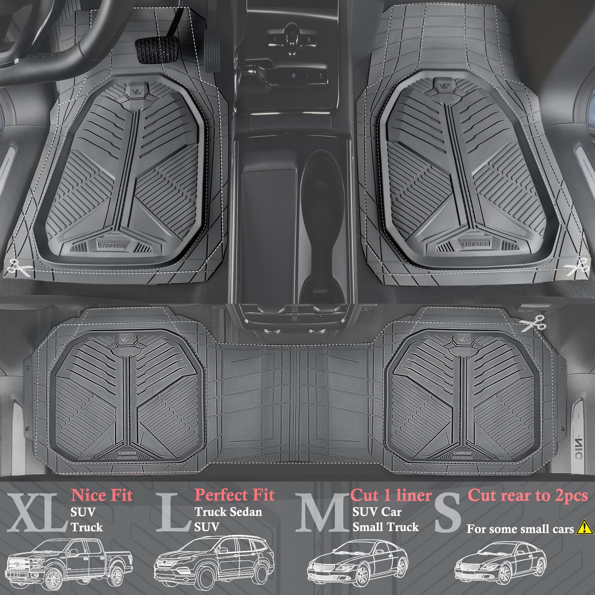 Car Pass Heavy Duty Rubber Car Mats, Deepdish All Weather Floor Mats For Car Full Set, Universal Automotive Mats Trim To Fit For