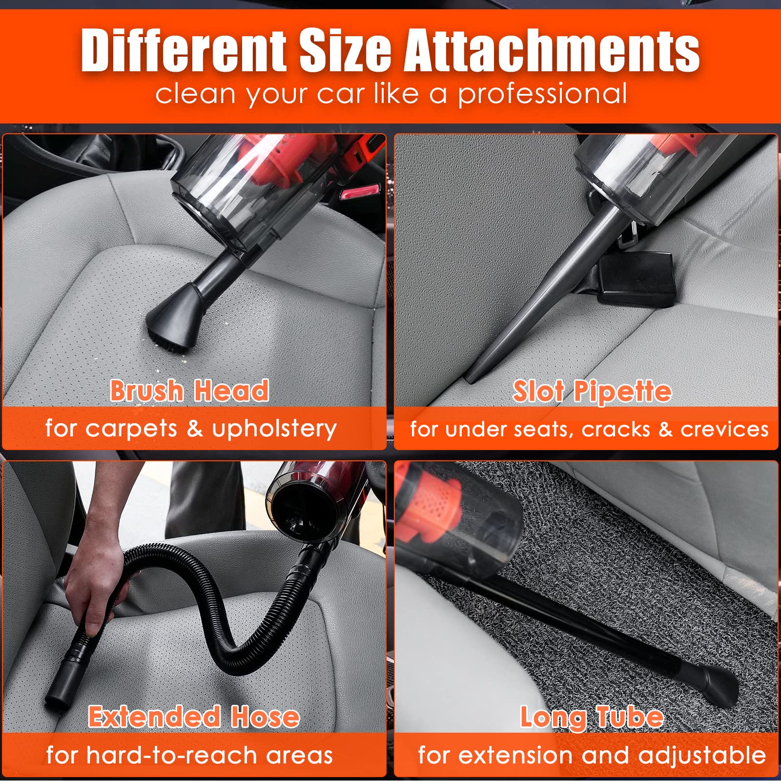 vioview Car Detailing Kit - 17PCS Interior Cleaner Set, Portable Vacuum, Nylon Brushes, Orange Accessories for All Ages, Model LT0017+61