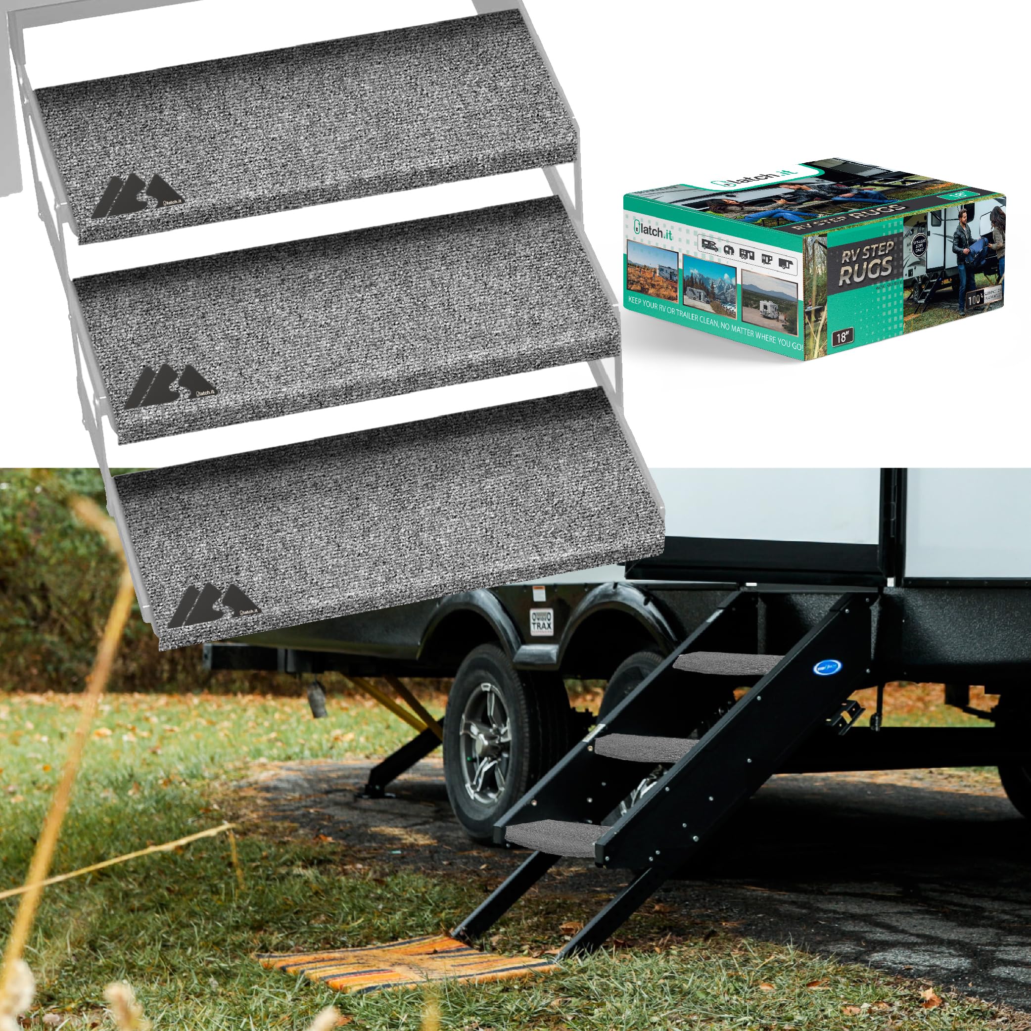 LATCH.IT RV Step Covers 3 Pack | 18'' Wide Camper Step Covers | Gray RV Stair Covers | RV Step Carpet Fits 8-11'' Deep RV Stairs
