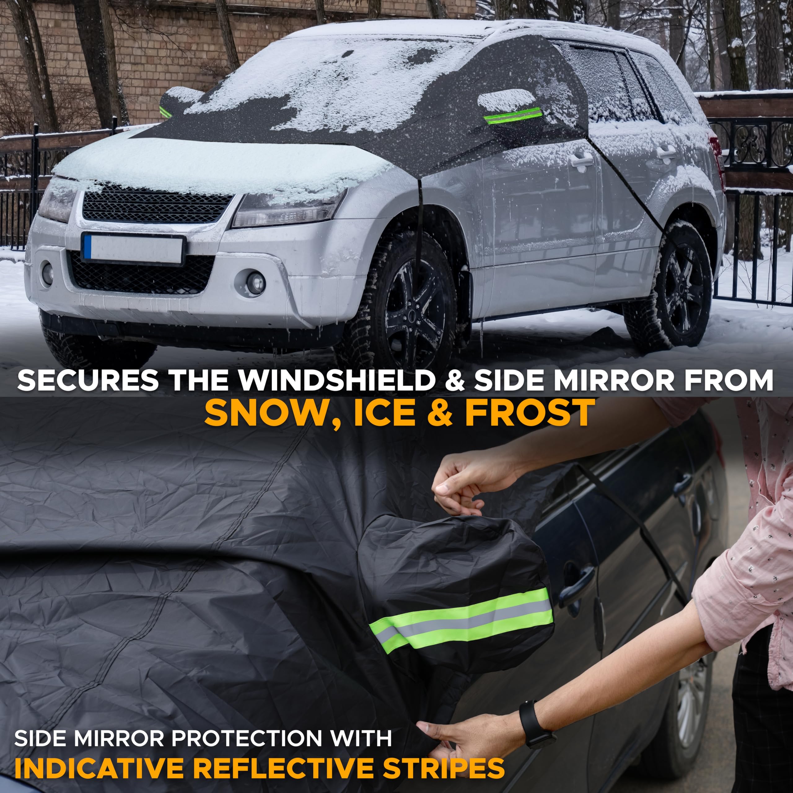 EcoNour Car Windshield Cover for Ice & Snow, Medium Size, Black Polyester, Fits Most Cars, Trucks, Vans, SUVs, Model EcoWSCS