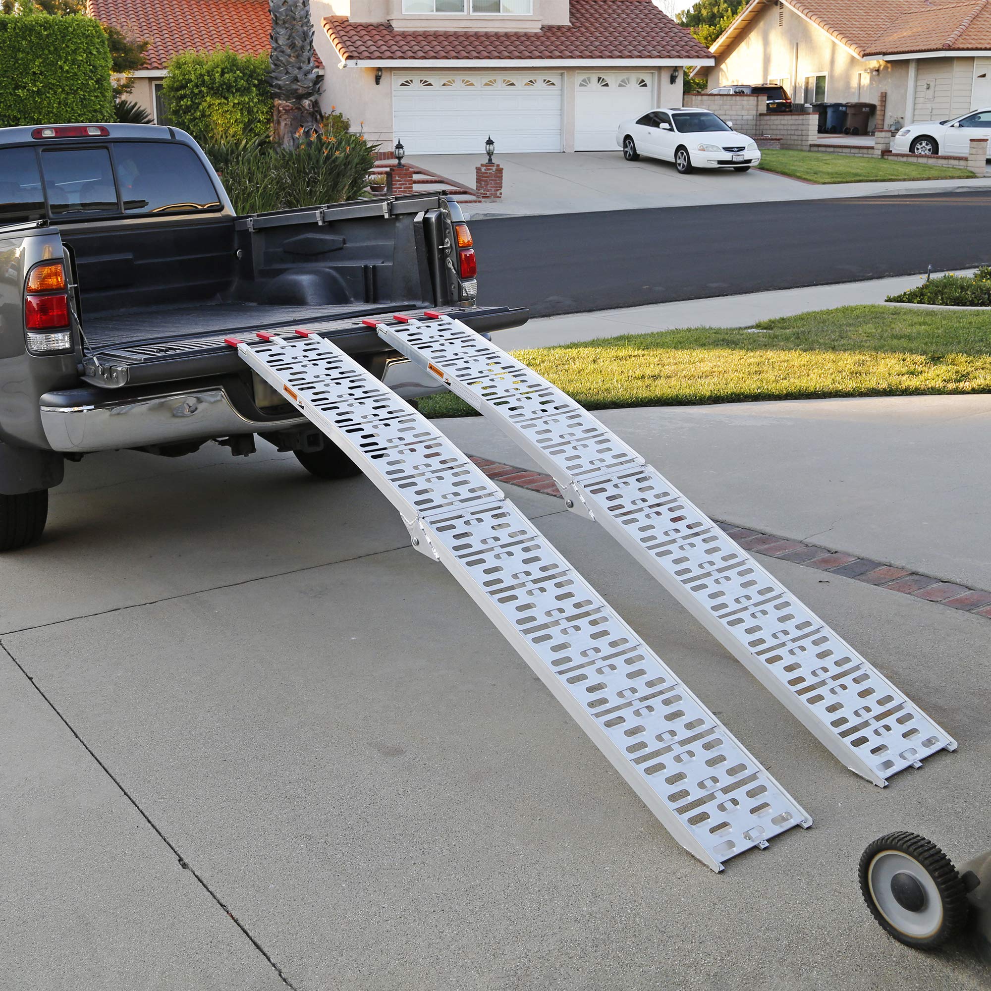 Clevr 7.5' Folding Arched Aluminum Loading Truck Ramps (2 Pc Set) For Atvs, Utvs, Motorcycles, Dirt Bikes, 4 Wheelers, Lawnmower