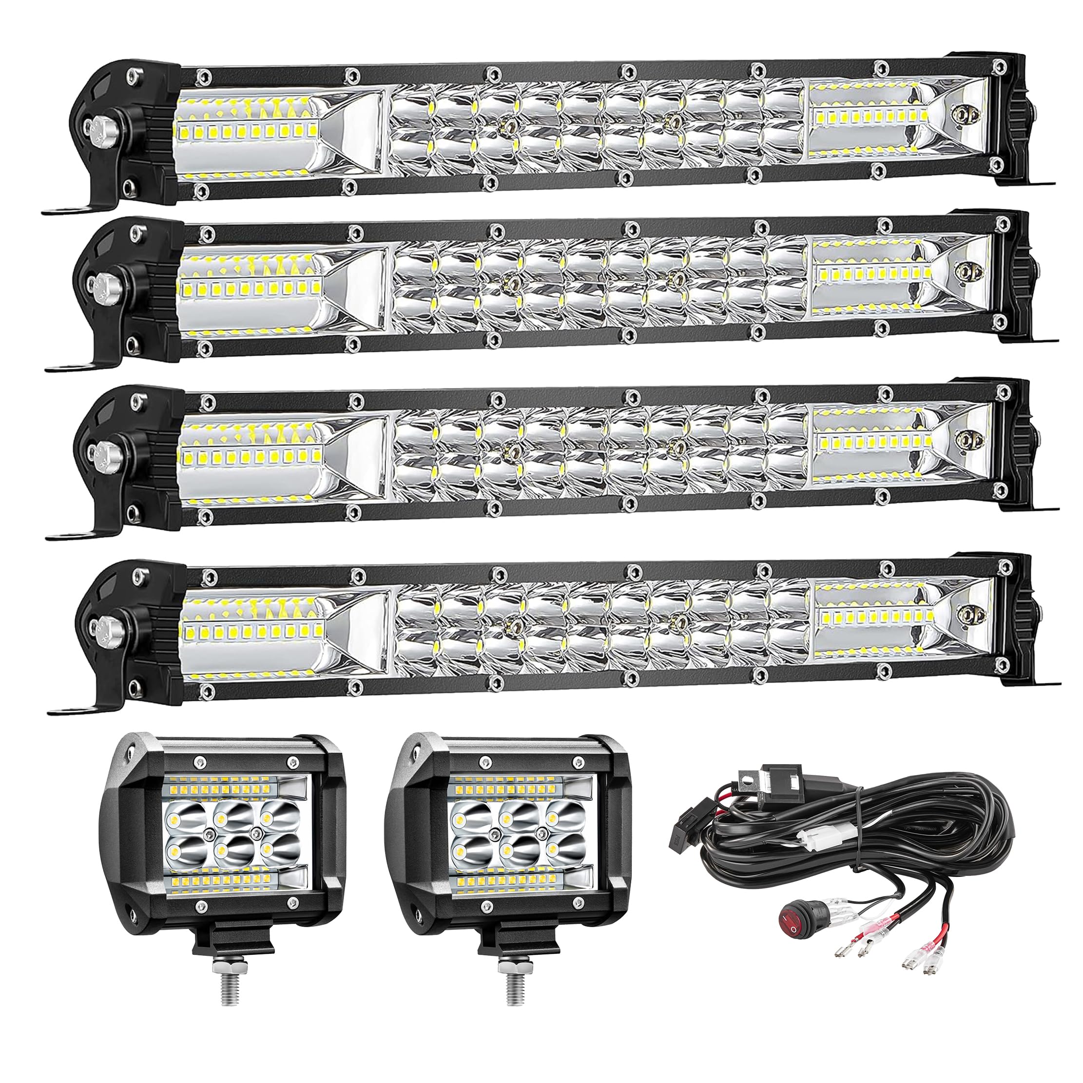LED Light Bar Kits, (4) 12 Inch Slim Light Bars, (2) 4 Inch LED Pods, (1) Wiring Harness, (1) 24V Relay, Truck ATV UTV RV Ezgo G