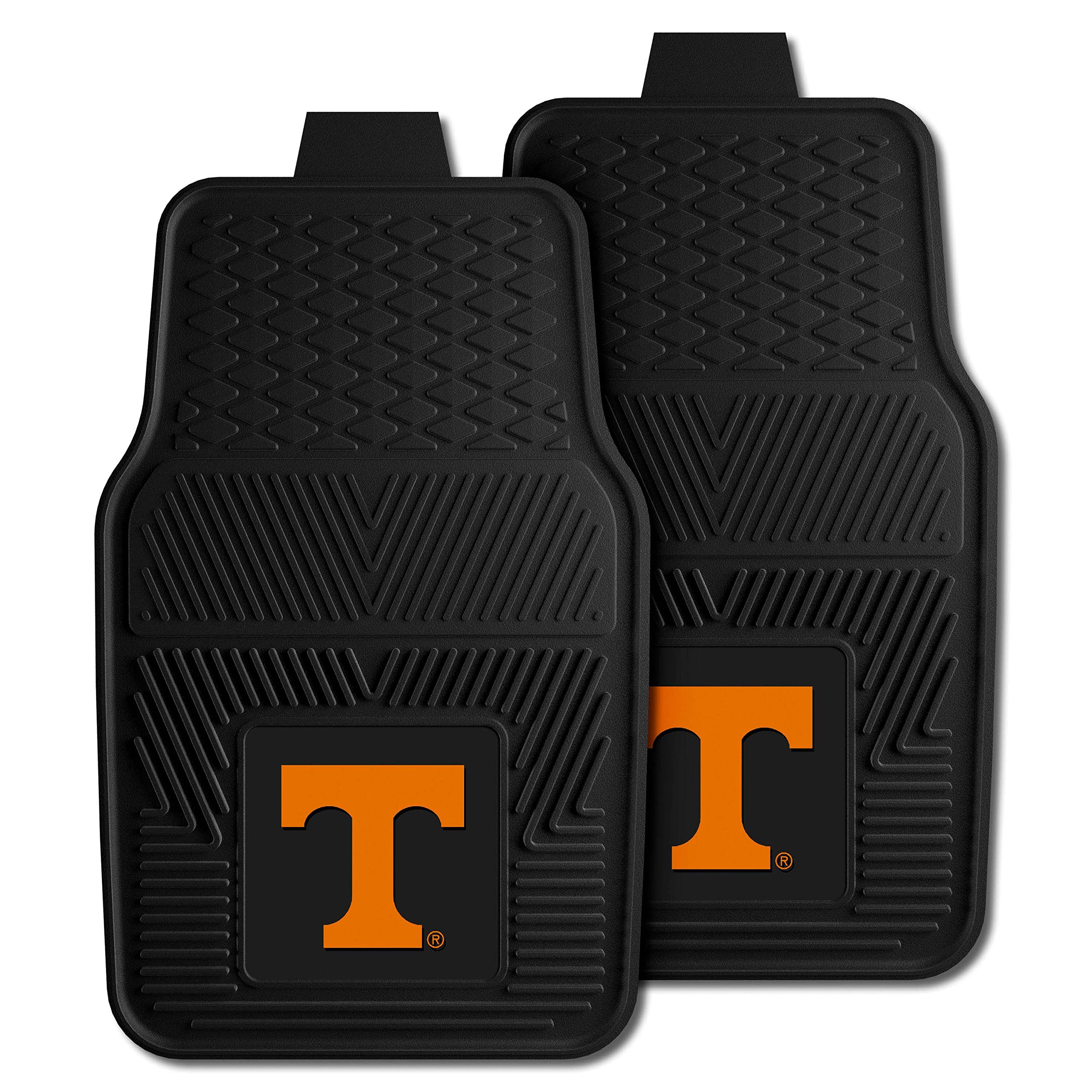 FANMATS Vinyl Car Mat Set - 4-Pc Universal Size, Black, Model 39384, Front & Rear - University of Tennessee Primary Logo
