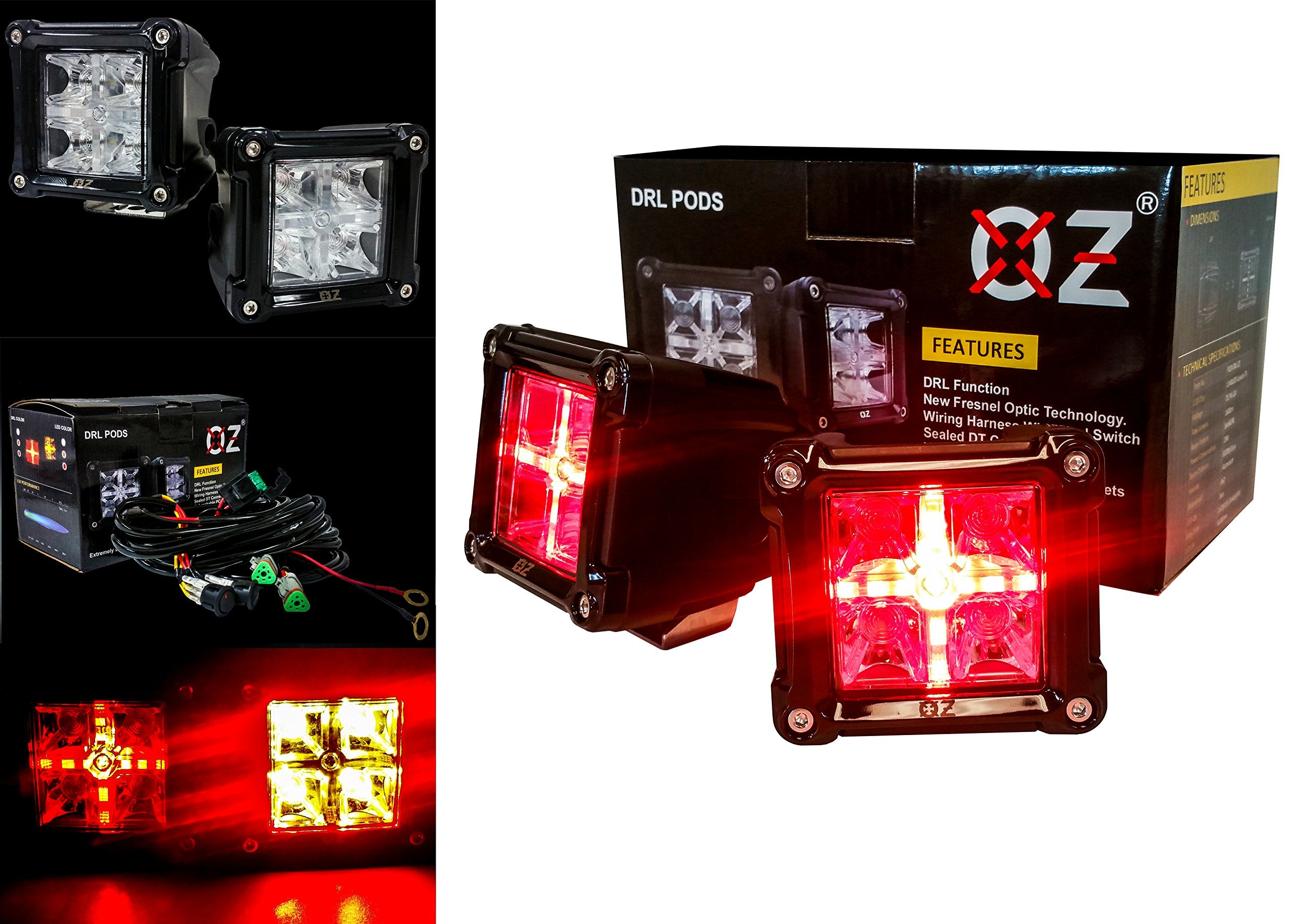 Oz-Usa 3' Dual Intensity Rear Light Red Led Pod Lights High Low Wiring Harness Dual Switch Brake Tail Cube Off Road Motorcycle Atv Suv Semi Truck Heavy Equipment 12V 24V