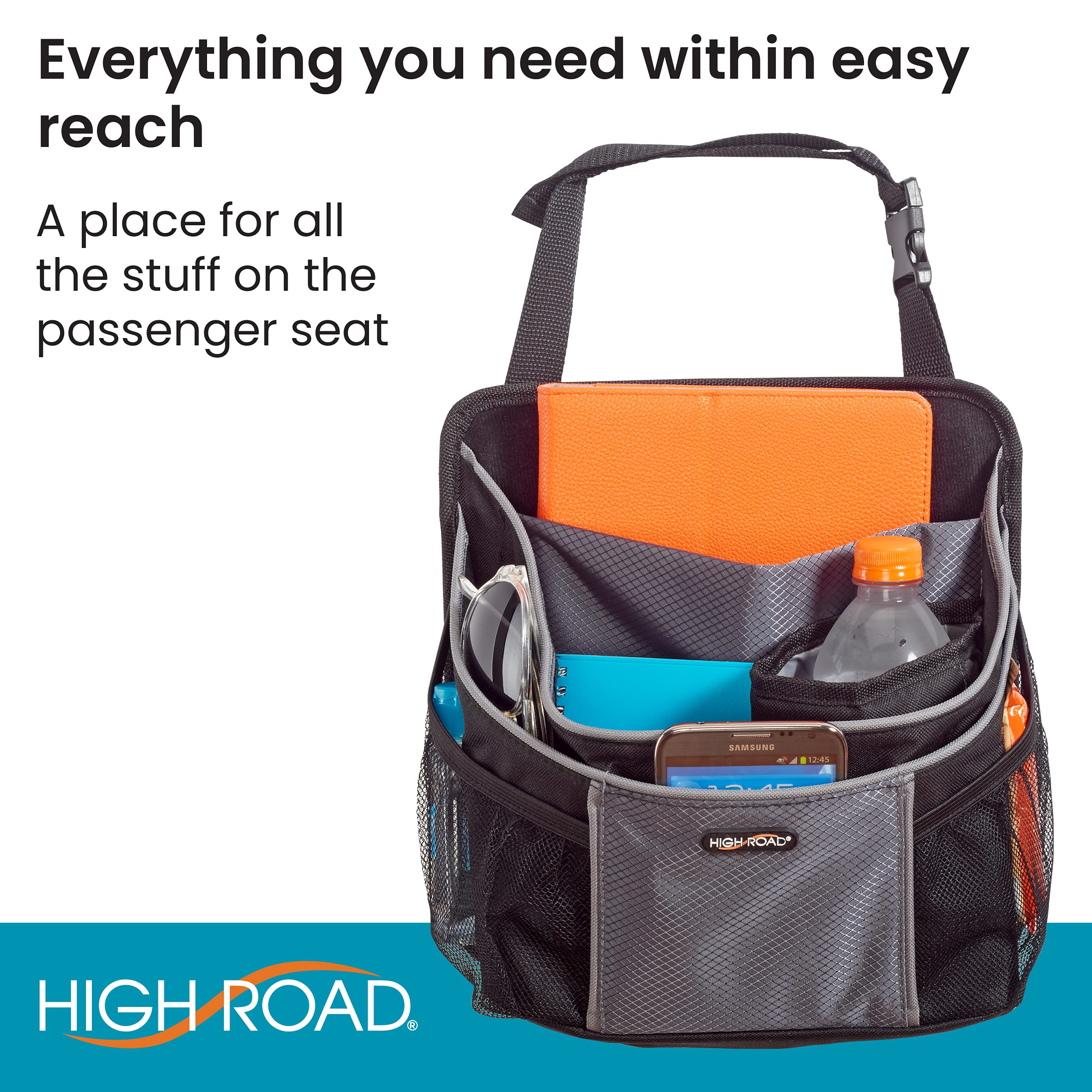 High Road DriverStash Car Front Seat Organizer - Insulated Cup Holder, Padded Tablet Compartment, Black, Model HR-5584-BLK