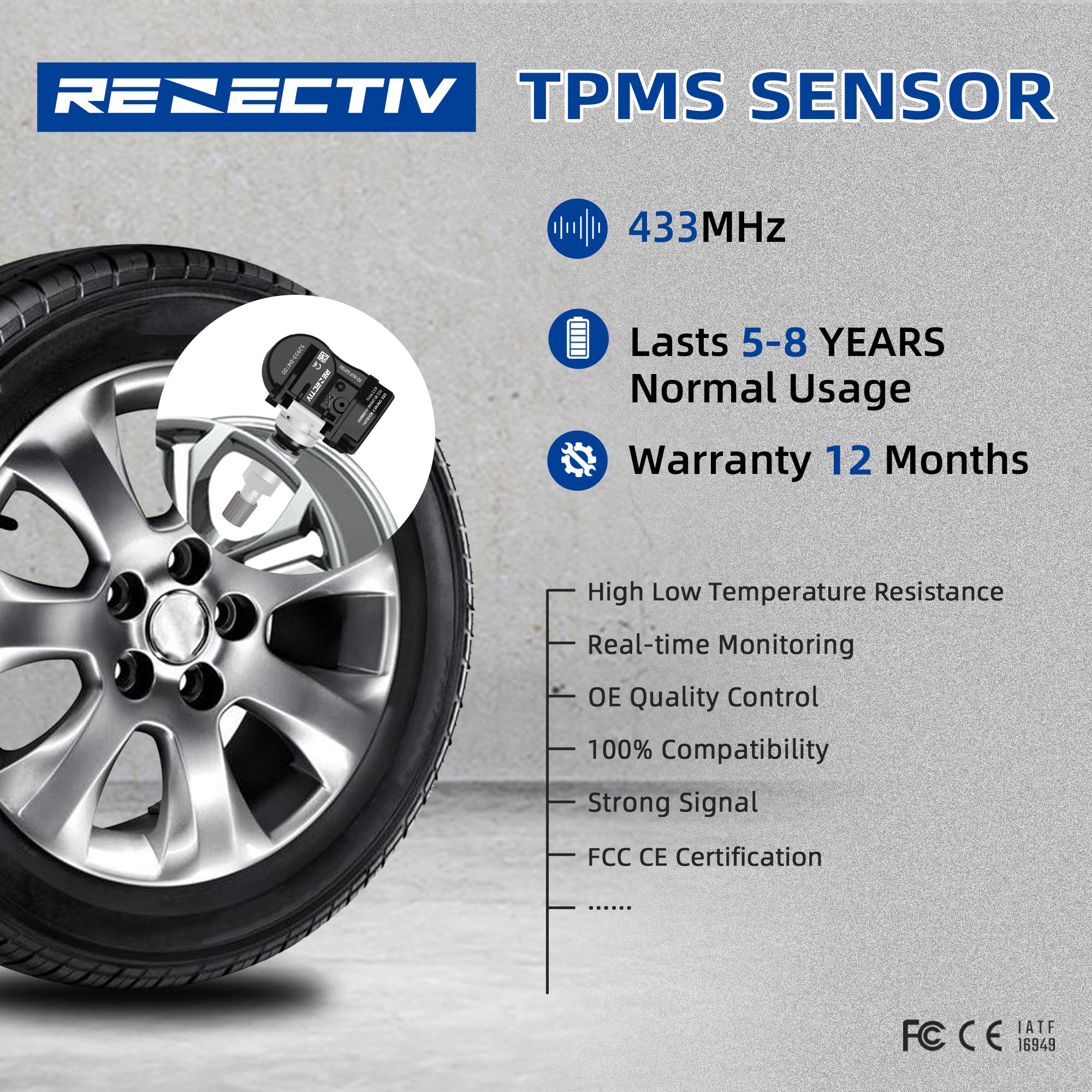 RENECTIV TPMS Sensor Kia,433MHz Tire Pressure Monitoring Sensor fit for Kia Replace#52933D2100,52933F2000,52940L1100, 52933D4100