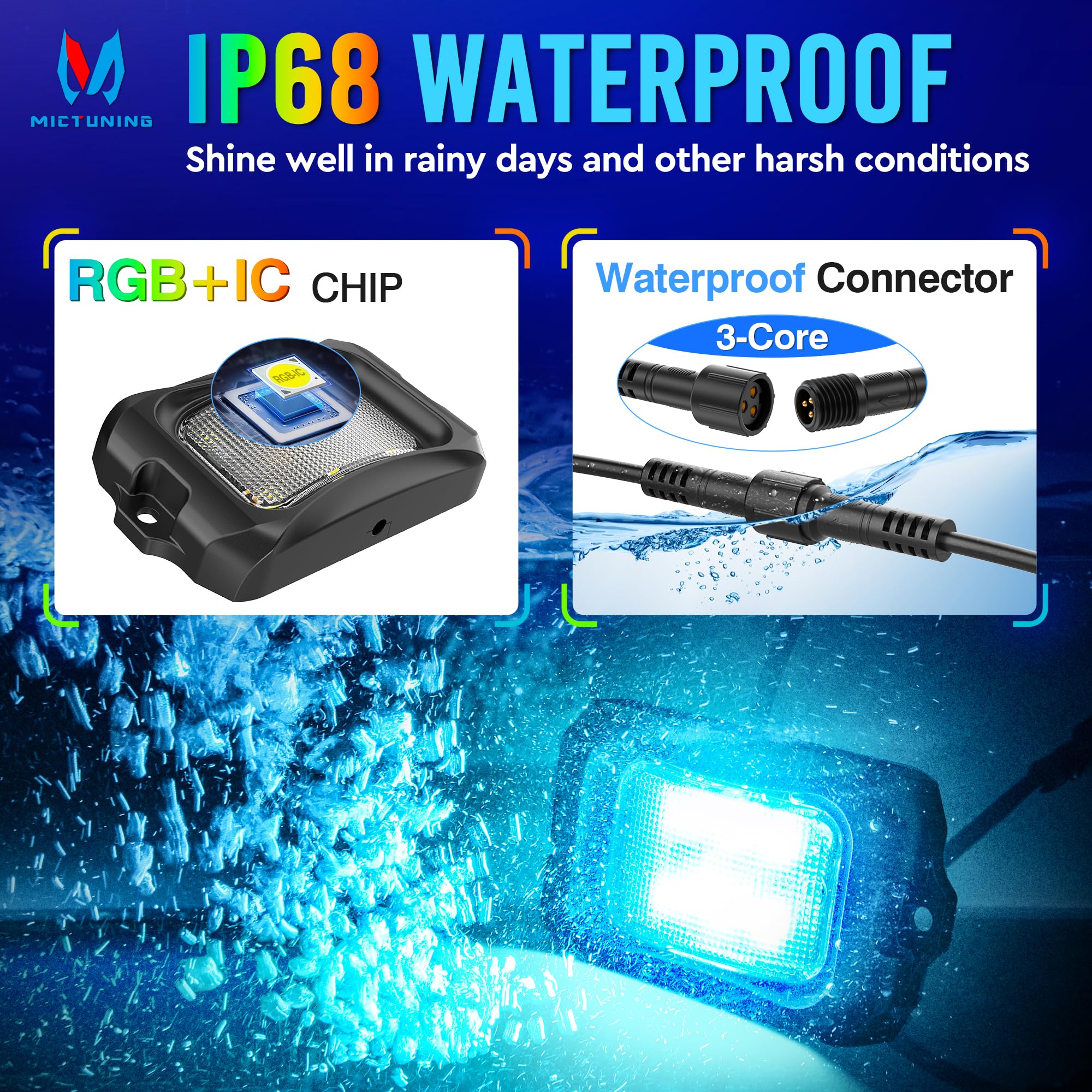 Mictuning Rgb+Ic Chasing Color Led Rock Lights Kit - 8 Pods Underglow With App Control, Ip68 Waterproof, Extendable To 24 Pods -