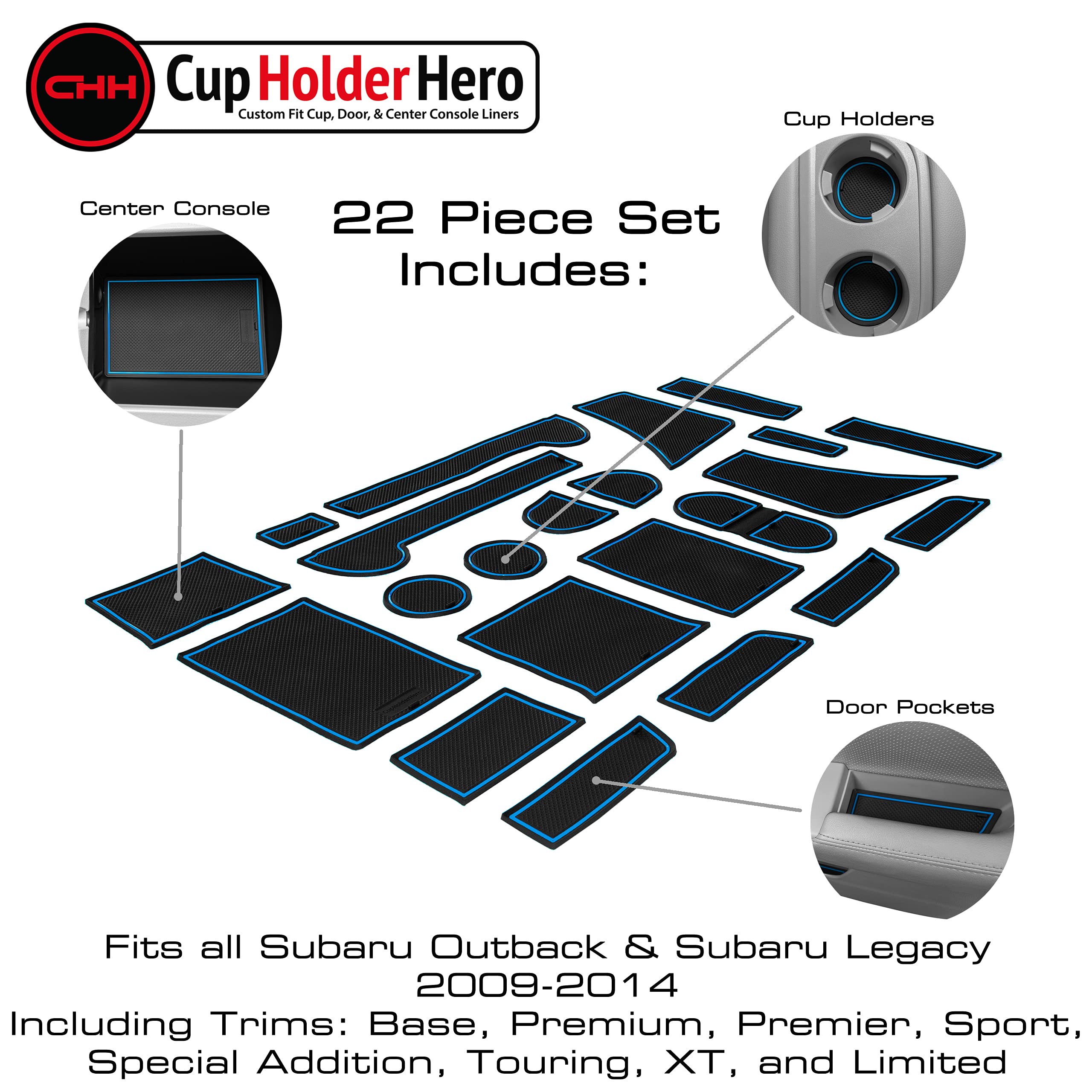 CupHolderHero Cup Holder Inserts - Custom Fit for Subaru Outback/Legacy 2009-2014, Blue Trim, Rubber, 22pc Set