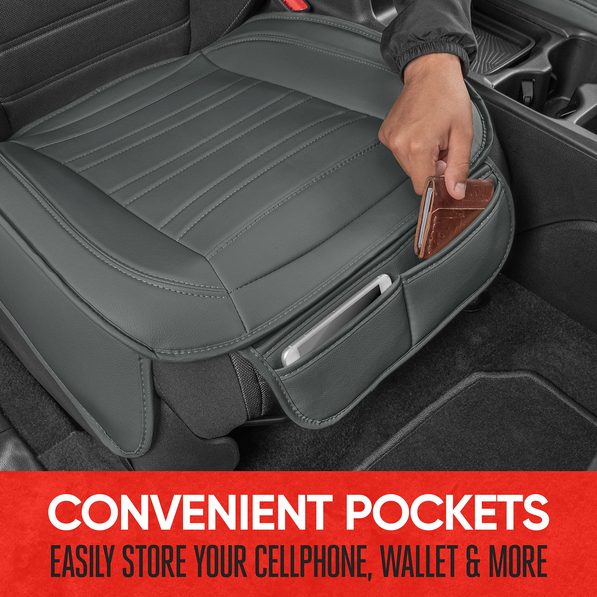 Motor Trend Seat Covers For Cars Trucks Suv, Faux Leather 2-Pack Gray Padded Car Seat Covers With Storage Pockets, Premium Inter