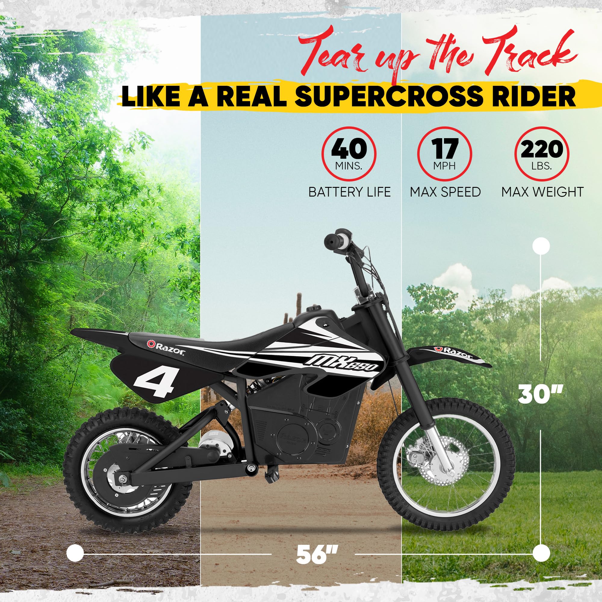 Razor MX650 Dirt Rocket 36V Electric Motocross Bike, 56L x 24.5W x 36H inches, Black, Front & Rear Suspension, Twist Grip Throttle