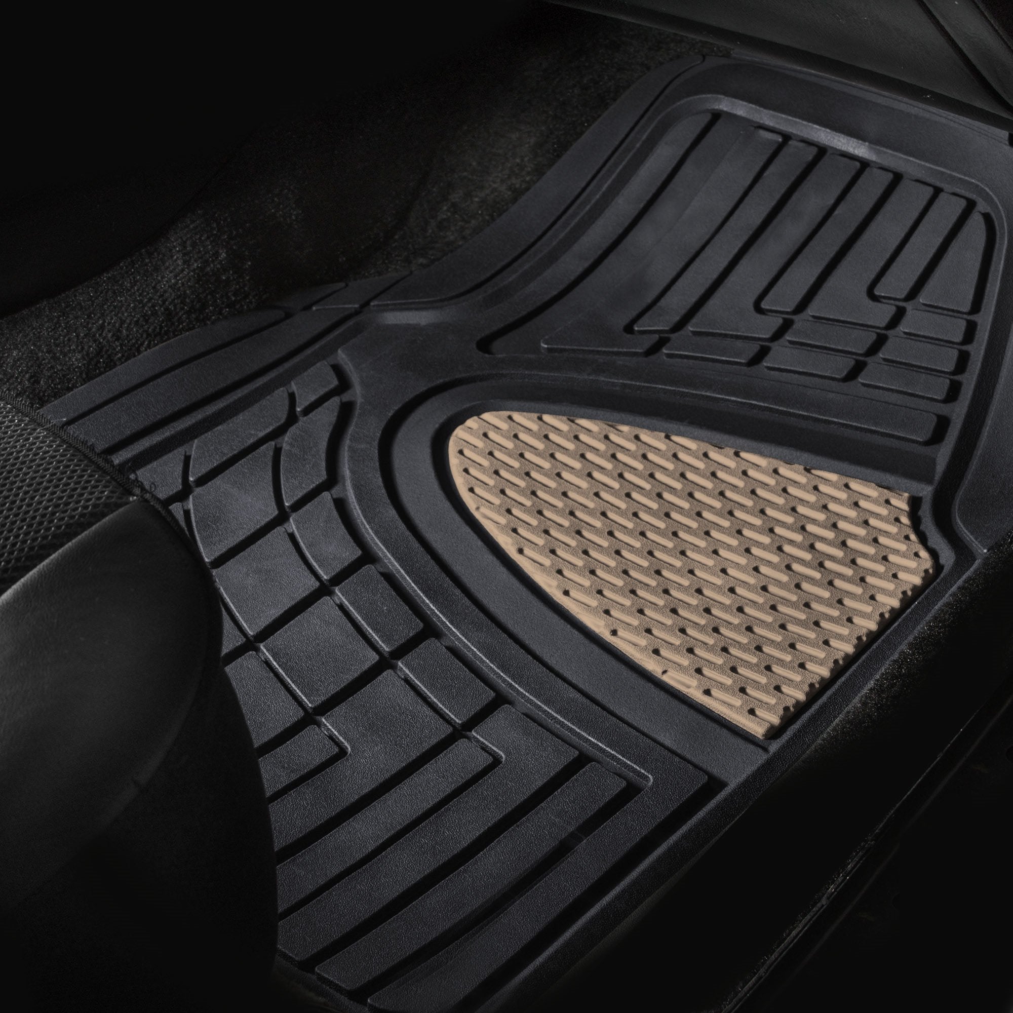 Fh Group Premium Liners Tall Channel Trimmable All Weather Rubber Full Set Car Floor Mats (Beige) W. Trimmable All-Season Cargo