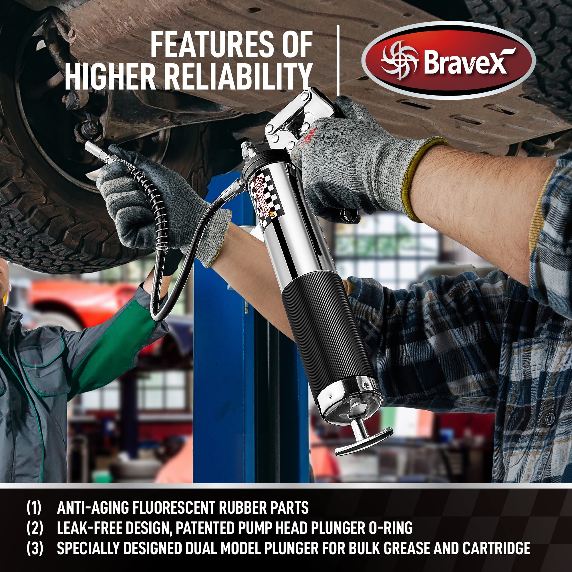 Bravex Heavy Duty Professional Pistol Grip Grease Gun 6000 Psi - 18 Inch Flex Hose