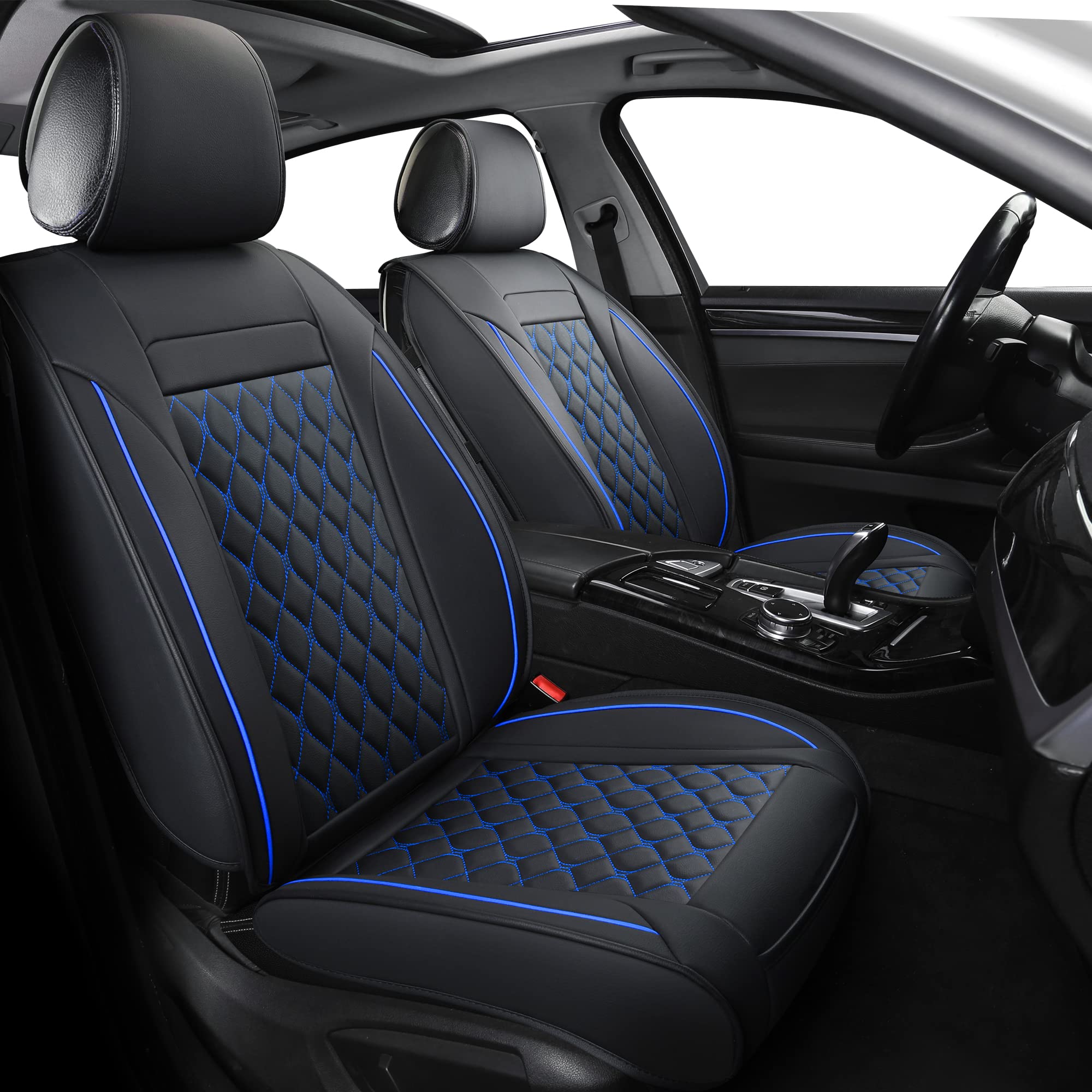 Leather Car Seat Covers Full Set,Universal Fit For Most Cars,Suv,Sedans And Pick-Up Trucks,Automotive Vehicle Faux Leather Cushion Covers For 5 Passenger Cars(Full Set,Black/Blue)
