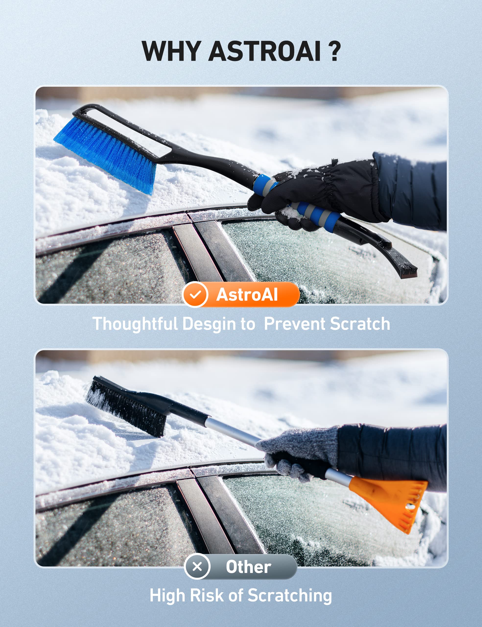 AstroAI Snow Brush & Ice Scraper - Heavy Duty ABS & PVC, Ergonomic Foam Grip, 27", Blue, for Cars, Trucks, SUVs