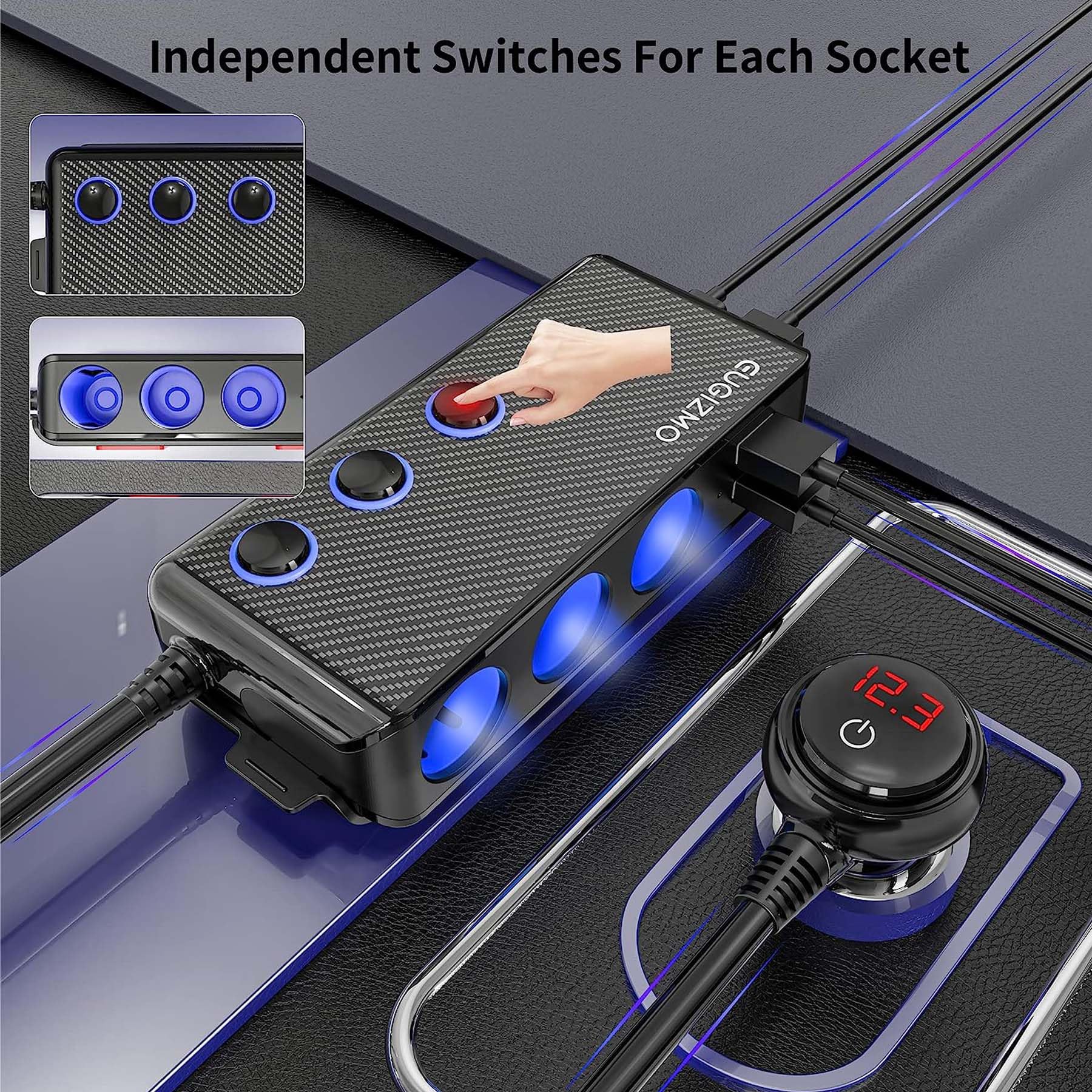 Eugizmo Cigarette Lighter Plug Splitter, 3 Socket 200W Car Cigarette Lighter Adapter Usb Charger Extension Cord Multi Port Power