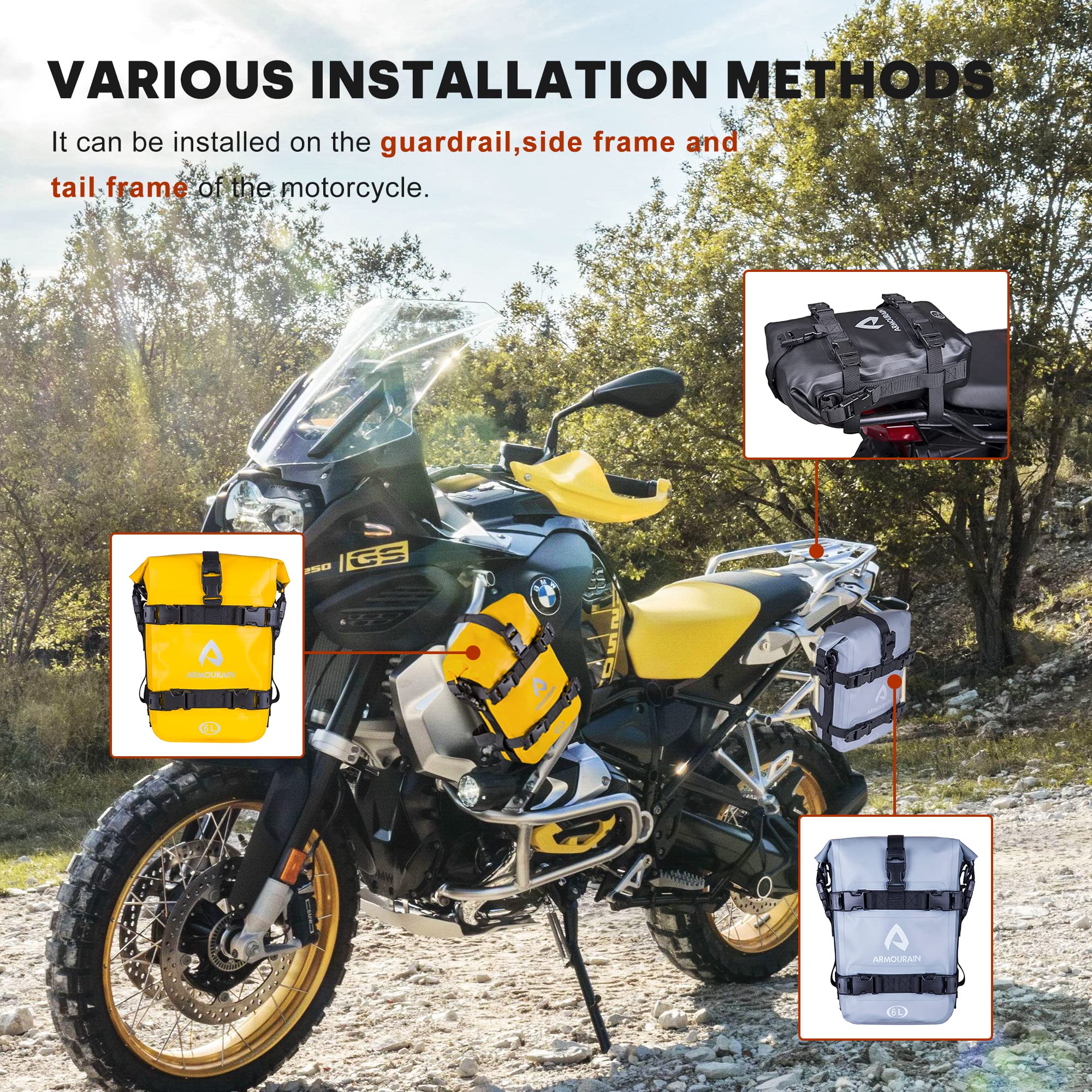 ARMOURAIN Motorcycle Bumpers Bag 6L Waterproof PVC Yellow AR-001Y with Shoulder Strap for Crash Bar and Riding Tools