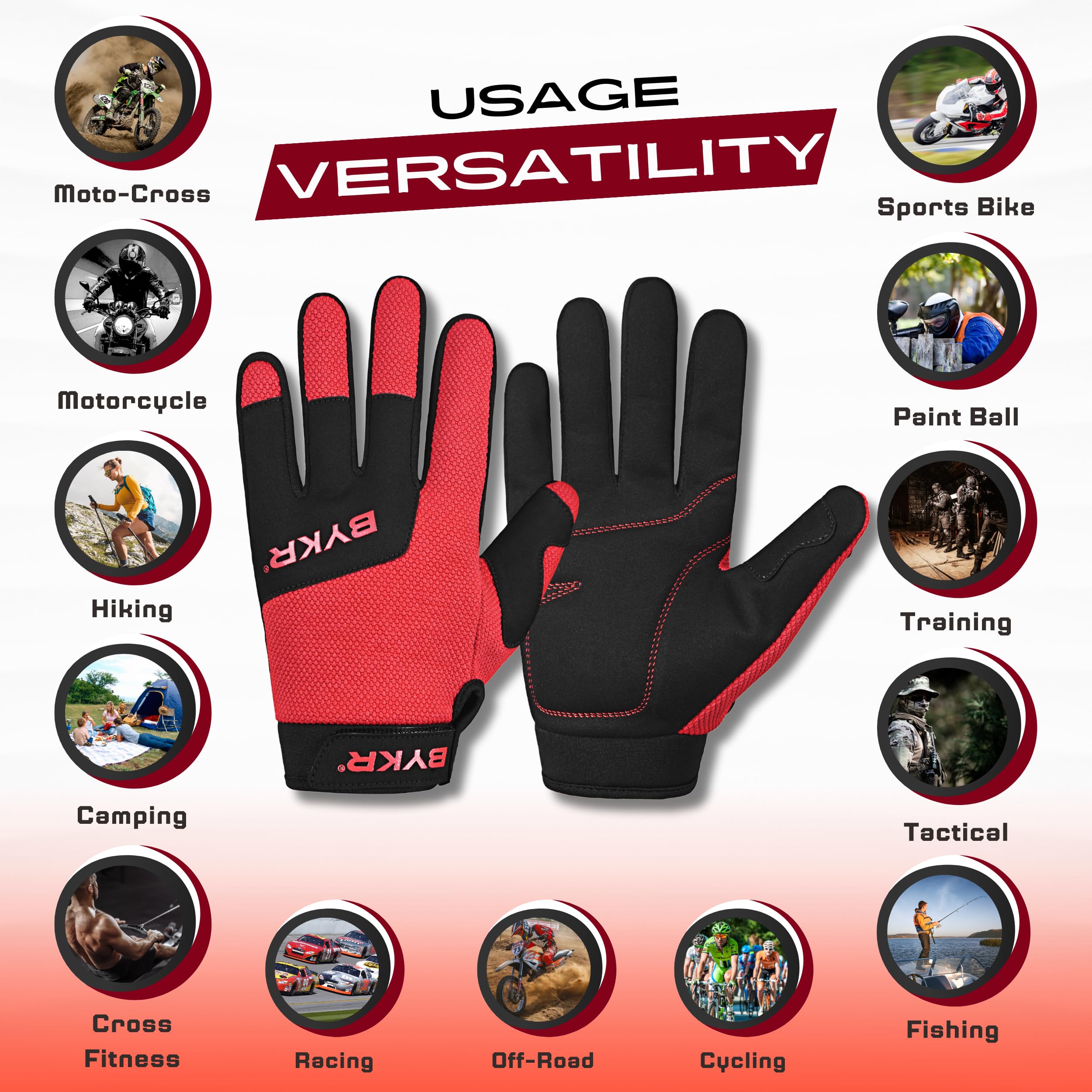 Bykr All-Weather Motorcycle Gloves For Men & Women - Protection For Dirt Bike, Bmx, Mx, And Atv Riding - Red S