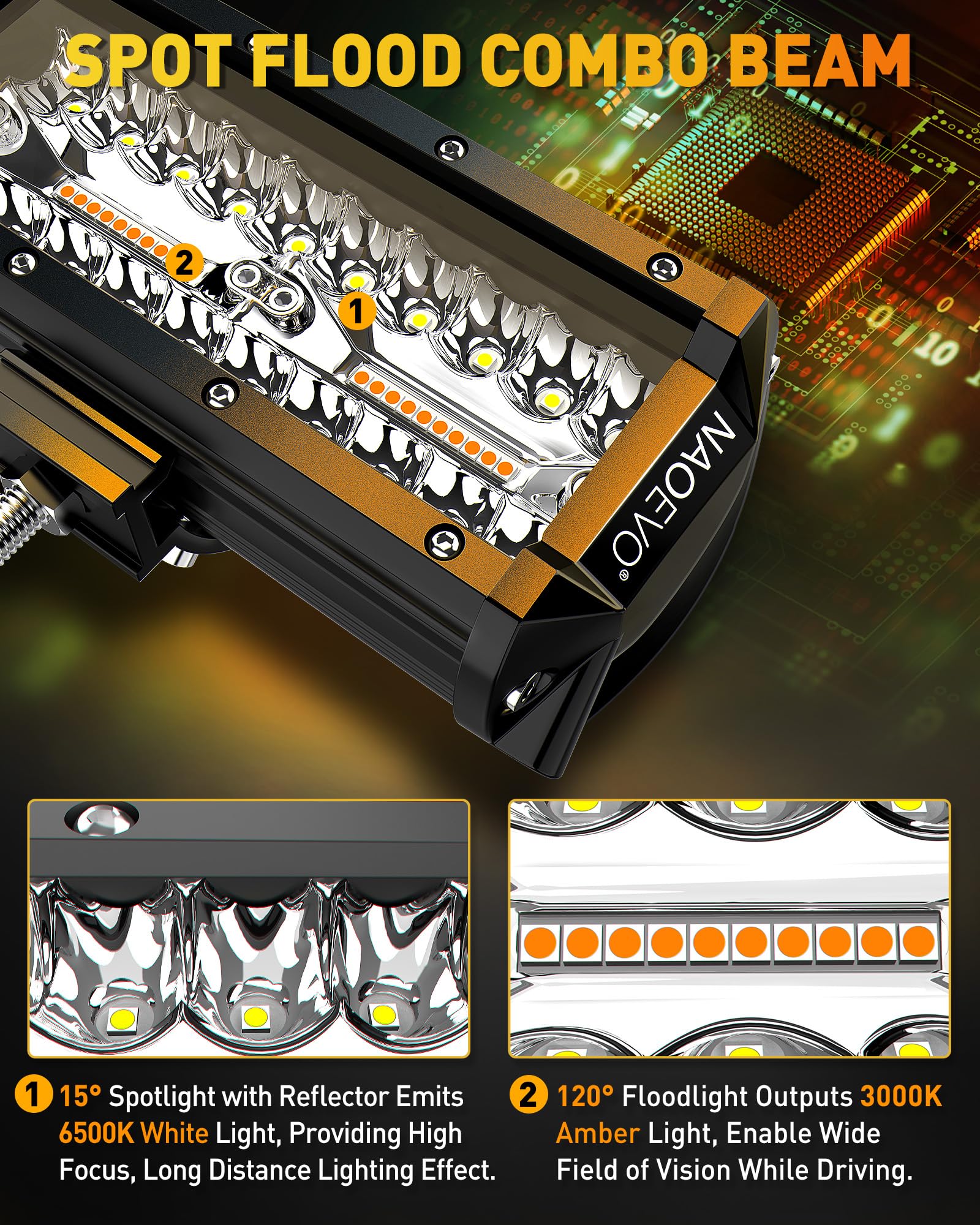 NAOEVO 7 Inch LED Light Bar - White Amber Offroad Fog/Driving Lights, Aluminum, 6 Modes, Includes Wiring Harness, 2-Pack