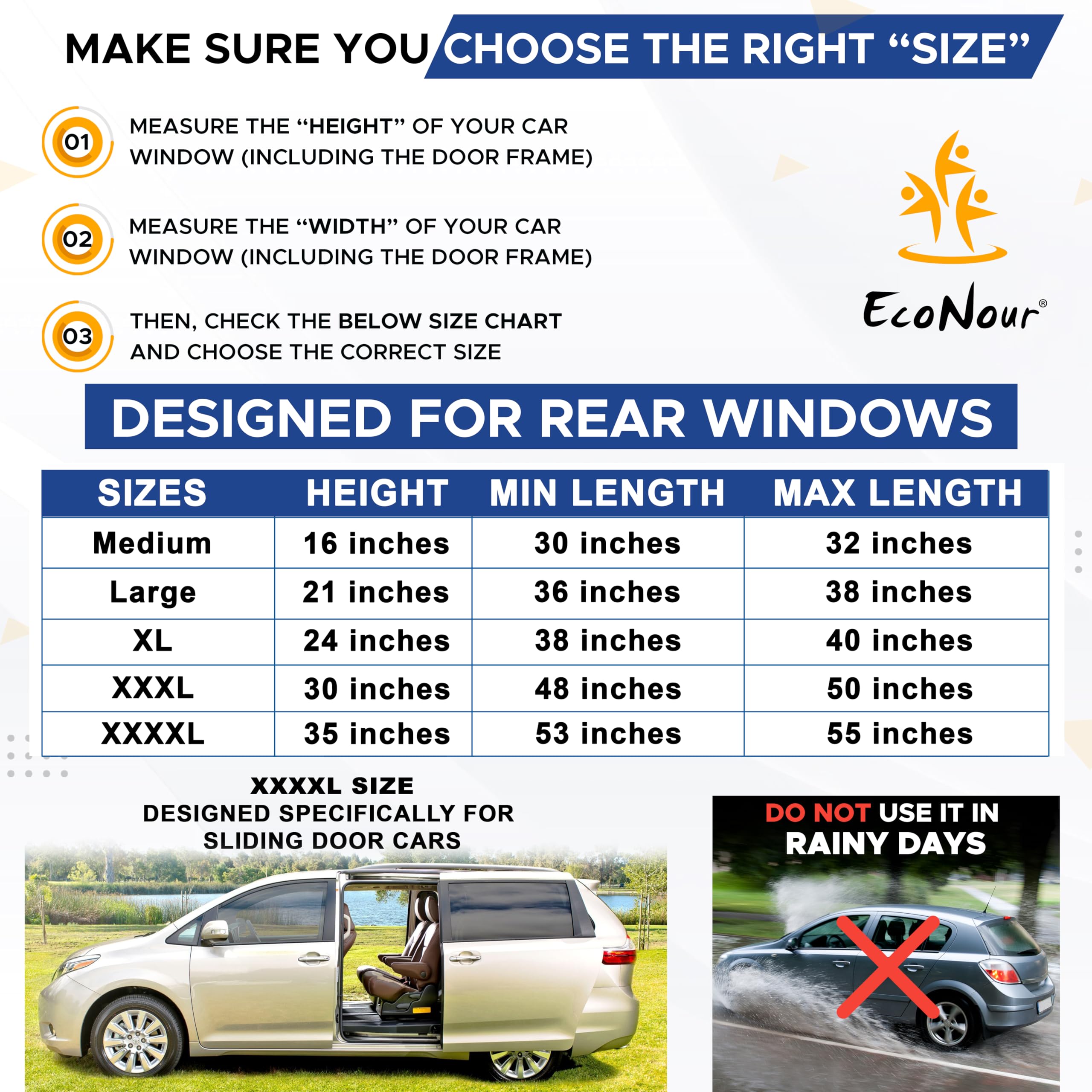 EcoNour Car Side Window Sun Shade - Stretchable Nylon Screens, XL 42"x24", Black, Pack of 2 for SUVs, Trucks & Minivans