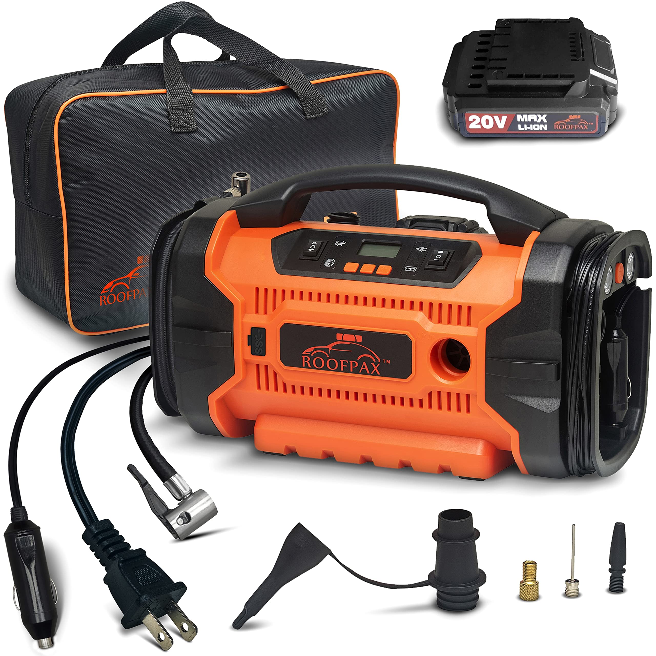 RoofPax Tire Inflator Portable Air Compressor 160 PSI 12V/110V, Heavy Duty, Digital Pressure Gauge, Orange, Model TB-V3SL-VOHB
